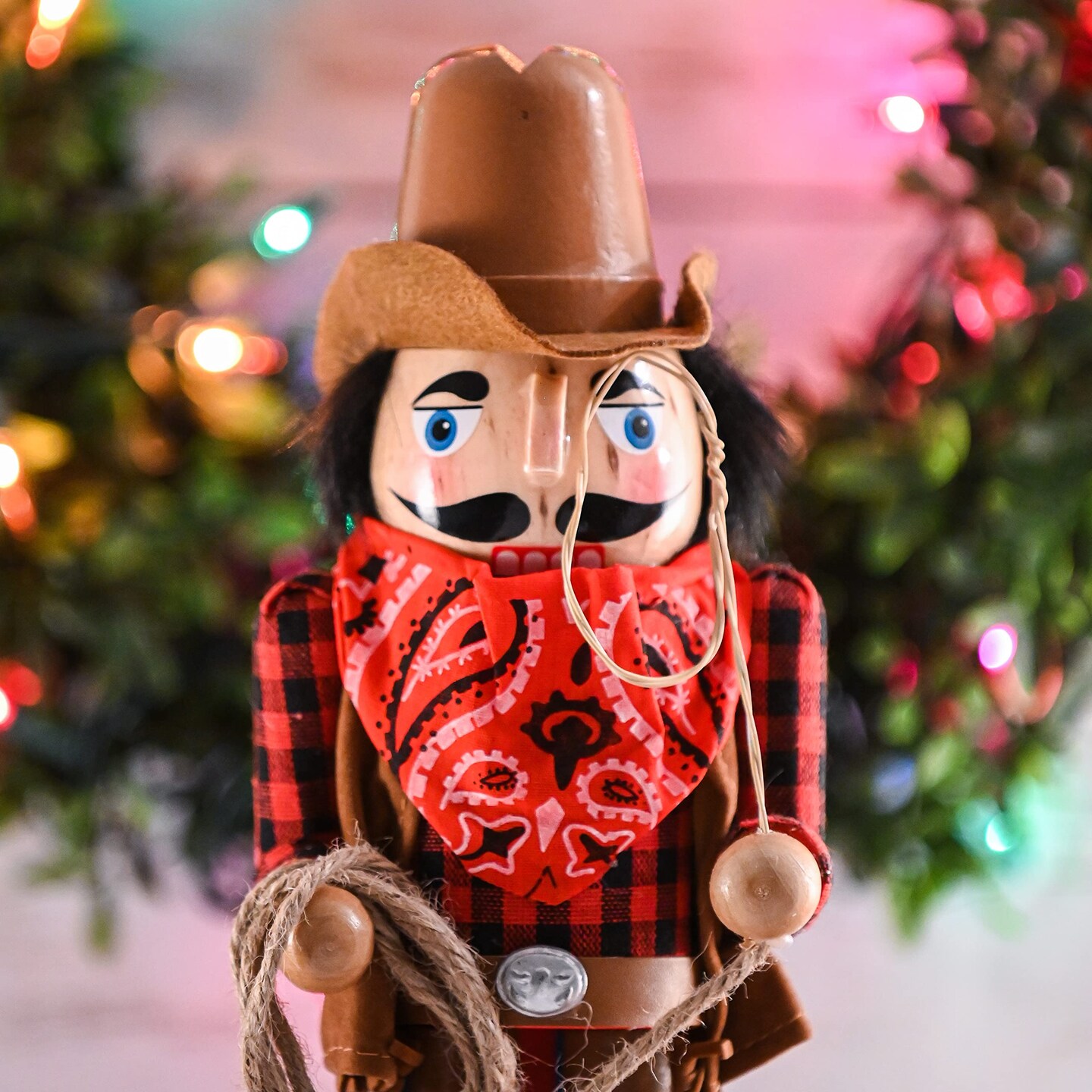 Ornativity Christmas Western Cowboy Nutcracker – Brown and Red Wooden Nutcracker Cow Boy with a Rope and Lasso Xmas Themed Holiday Nut Cracker Doll Figure Decorations