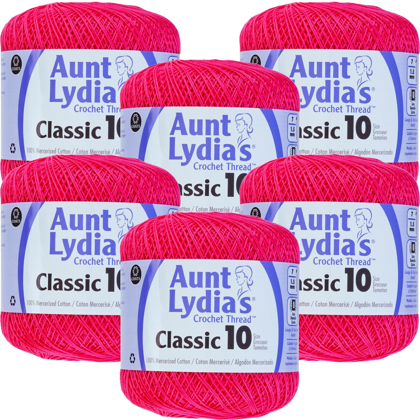 Multipack of 6 - Aunt Lydia&#x27;s Classic Crochet Thread Size 10-Hot Pink