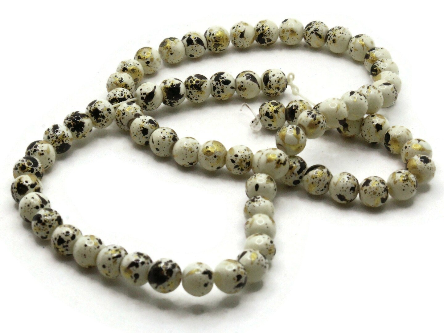 68 6mm Ivory, Gold and Black Splatter Paint Smooth Round Glass Beads