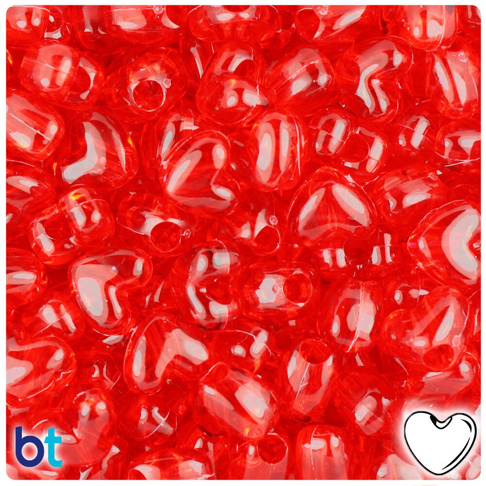 BeadTin Ruby Transparent 12mm Heart (VH) Plastic Pony Beads (250pcs)