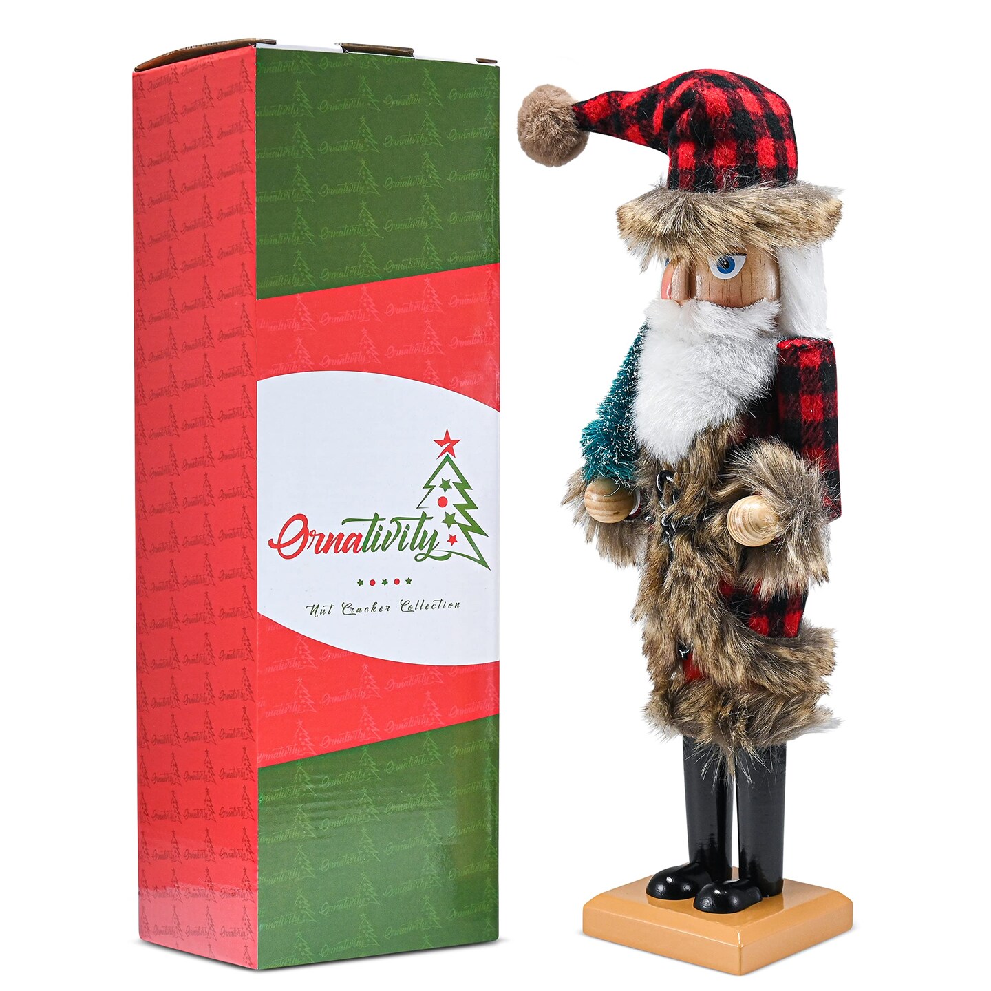 Ornativity Christmas Nostalgic Santa Nutcracker – Red and Black Wooden Nutcracker Man with Buffalo Plaid Coat with Brown Fur Holding a Xmas Tree Themed Holiday Nut Cracker Doll Figure Decorations