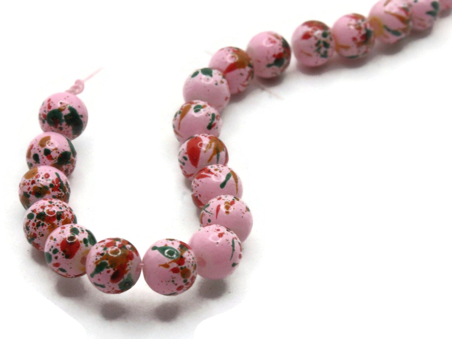 68 6mm Pink Red and Green Splatter Paint Round Glass Beads