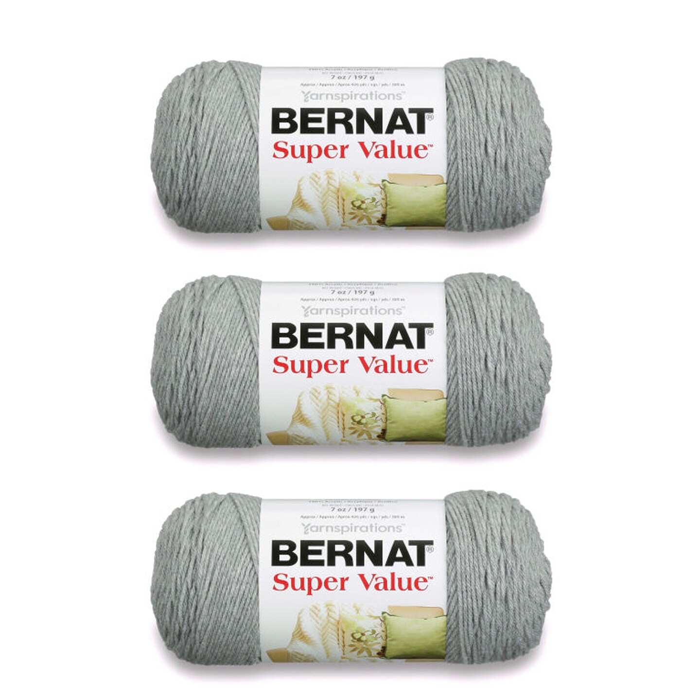 Bernat Super Value Soft Gray Yarn - 3 Pack of 198g/7oz - Acrylic - 4 Medium (Worsted) - 426 Yards - Knitting/Crochet