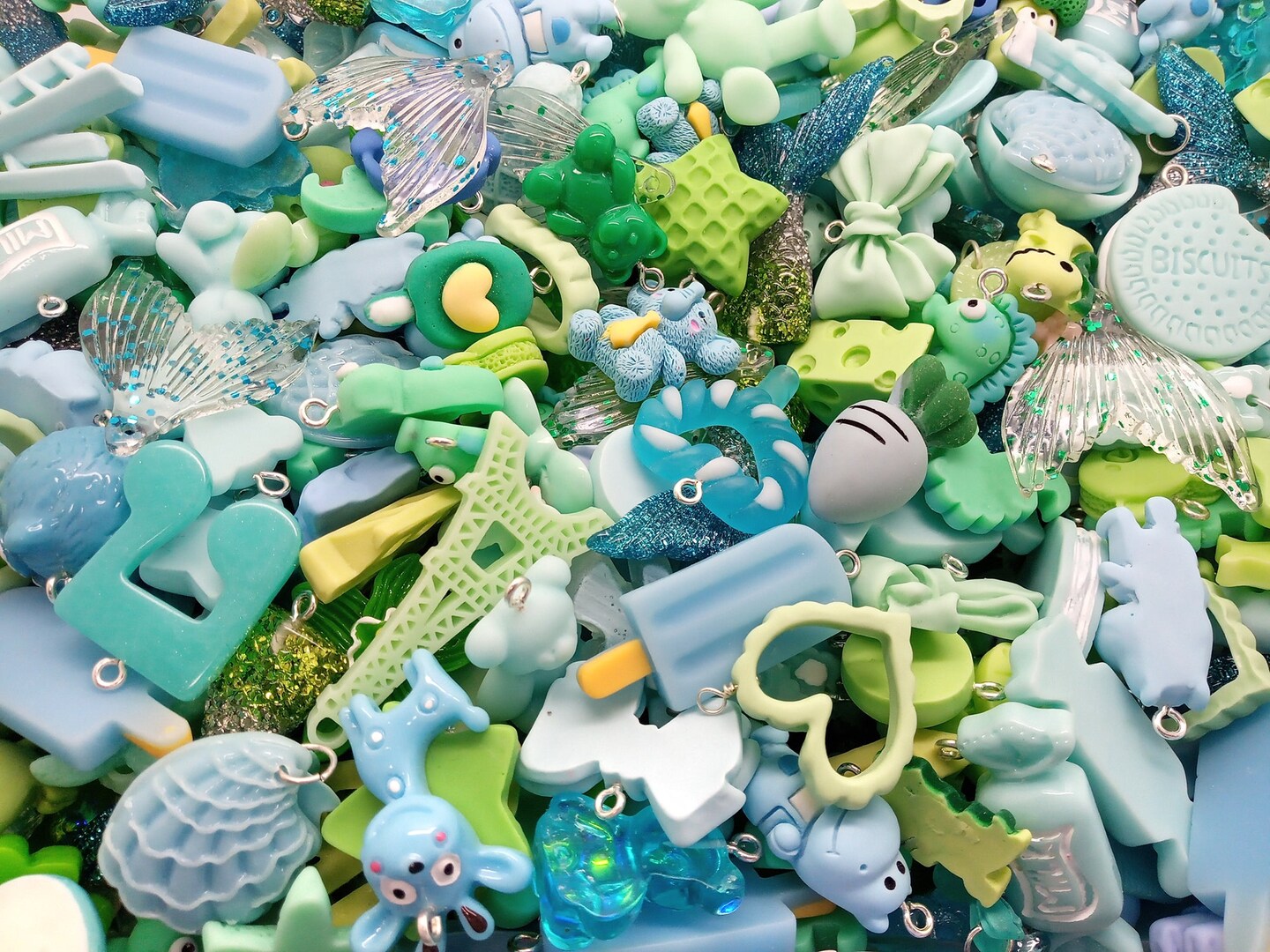 Blue & Green Charm Mix, 20 pc Cute Resin Cabochon Grab Bag, Kawaii Assortment, Adorabilities.