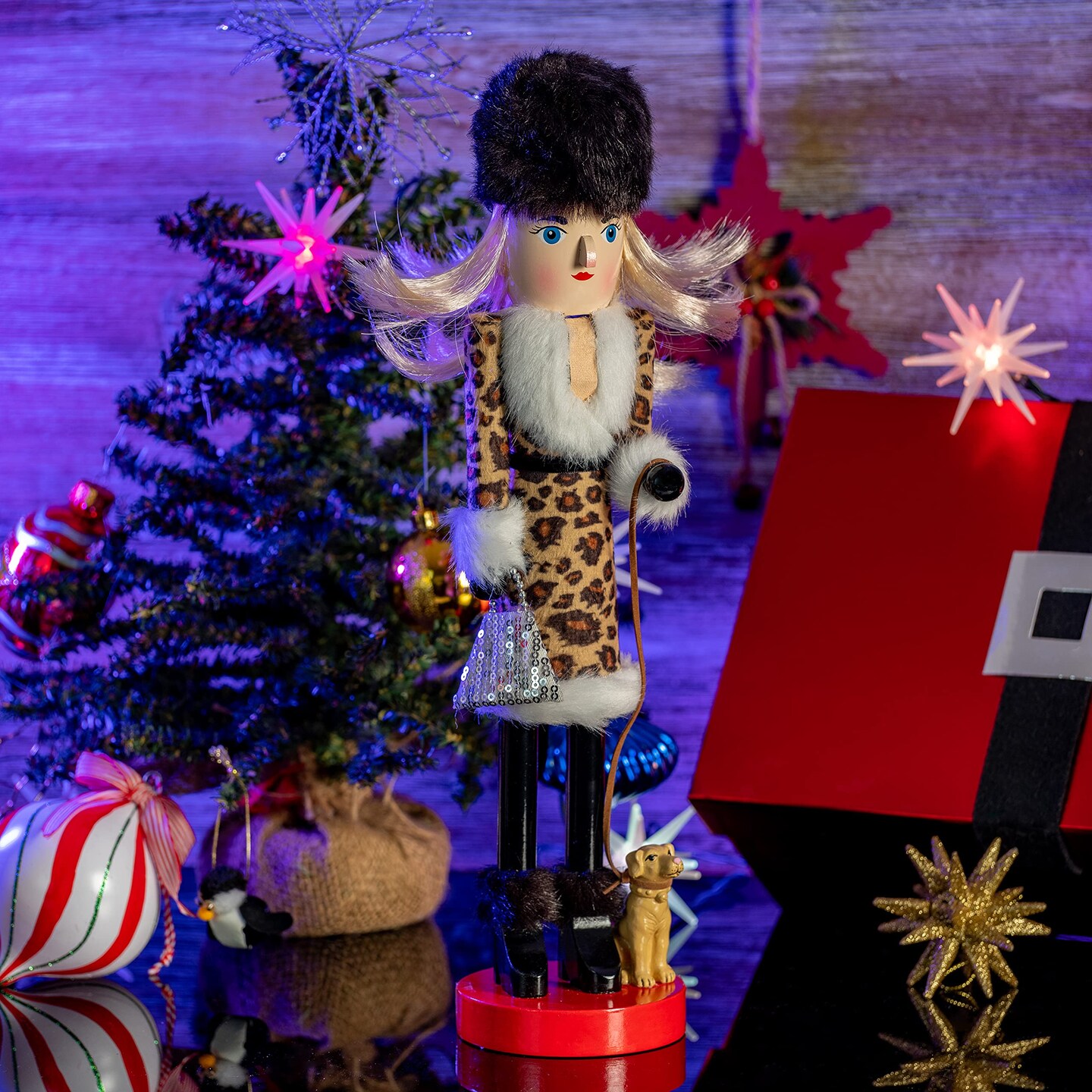Ornativity Shopping Lady Christmas Nutcracker - Wooden Glitter Shopper with Dog Themed Holiday Nut Cracker Doll Figure Toy Decorations