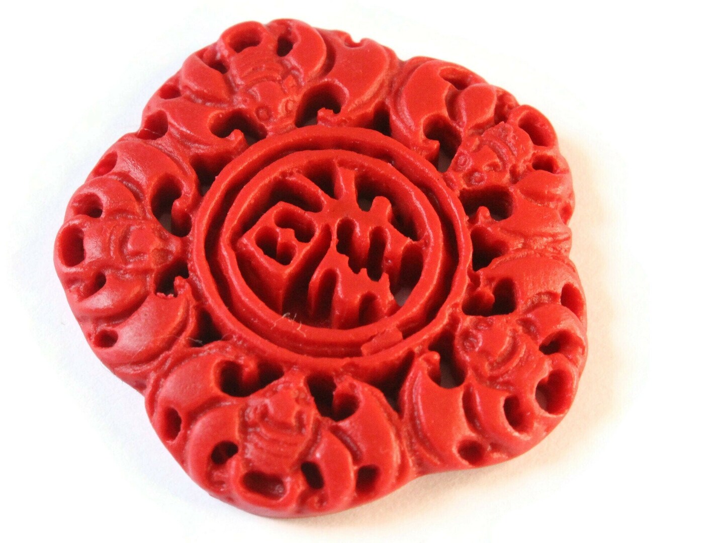 Carved Cinnabar Flower Pendant - Two Hole Focal Bead