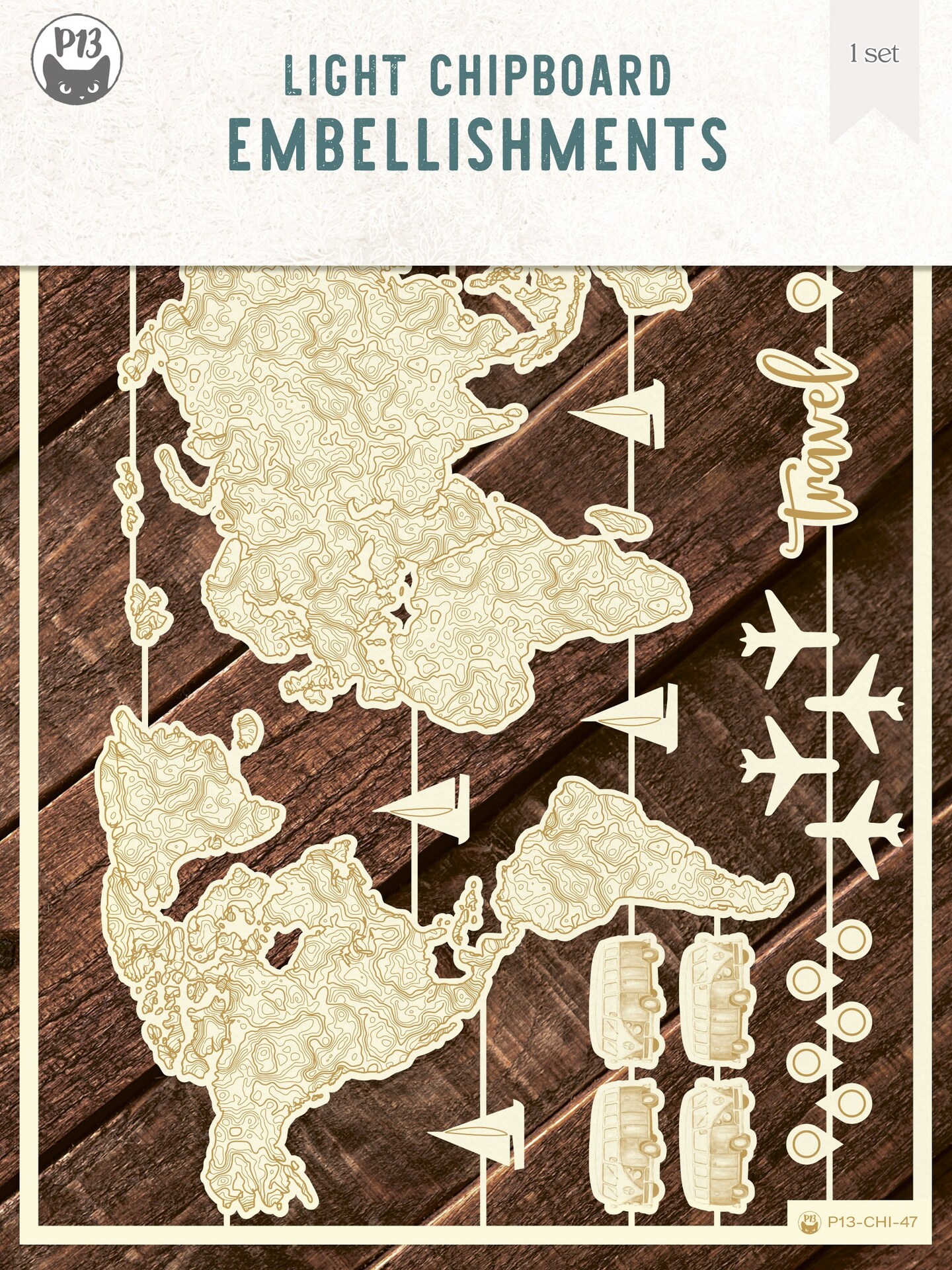 P13 Light Chipboard Embellishments Set 6"X8"Map Of The World Michaels