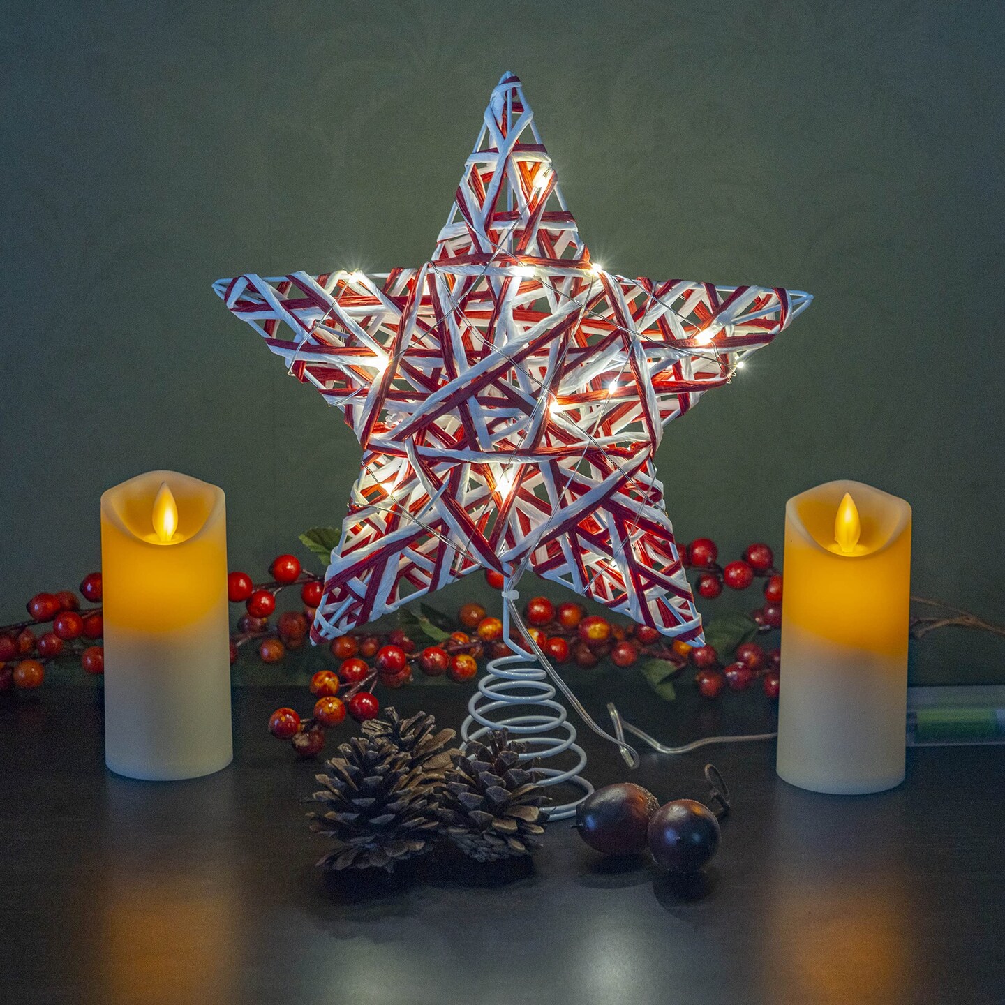 Ornativity Christmas Rattan Tree Topper – Red and White Xmas Rustic Star LED Light Up Tree Topper Ornament Decoration