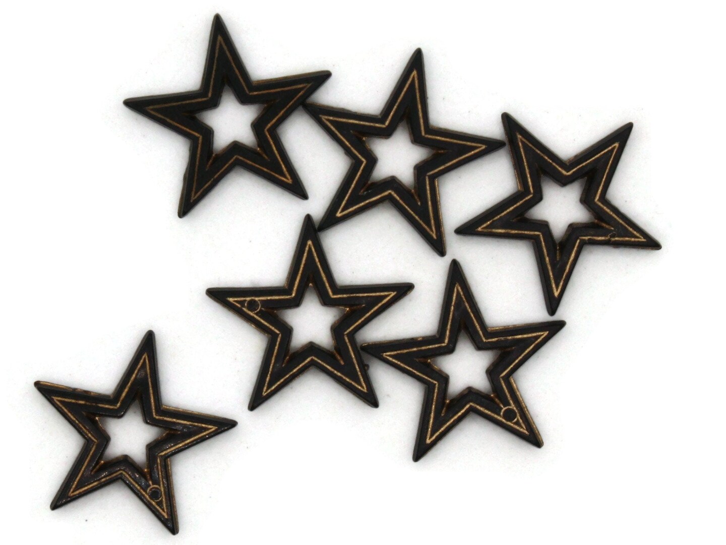 6 19mm Black Star Beads with Gold Details- Vintage Plastic Bead Frames