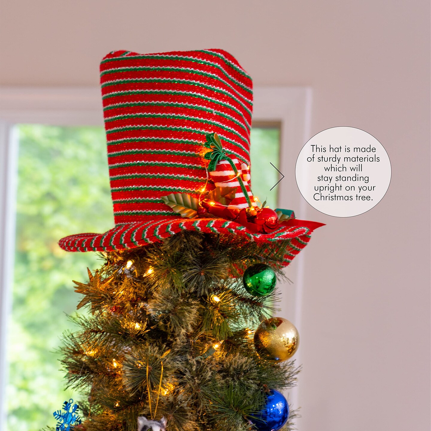 Ornativity Snowman Hat Tree Topper - Snow Man Winter Holiday Top Hat Christmas Tree Top Decoration with Red Ornament Berry Balls, Mistletoe Holly and Candy Decorations and LED Lights