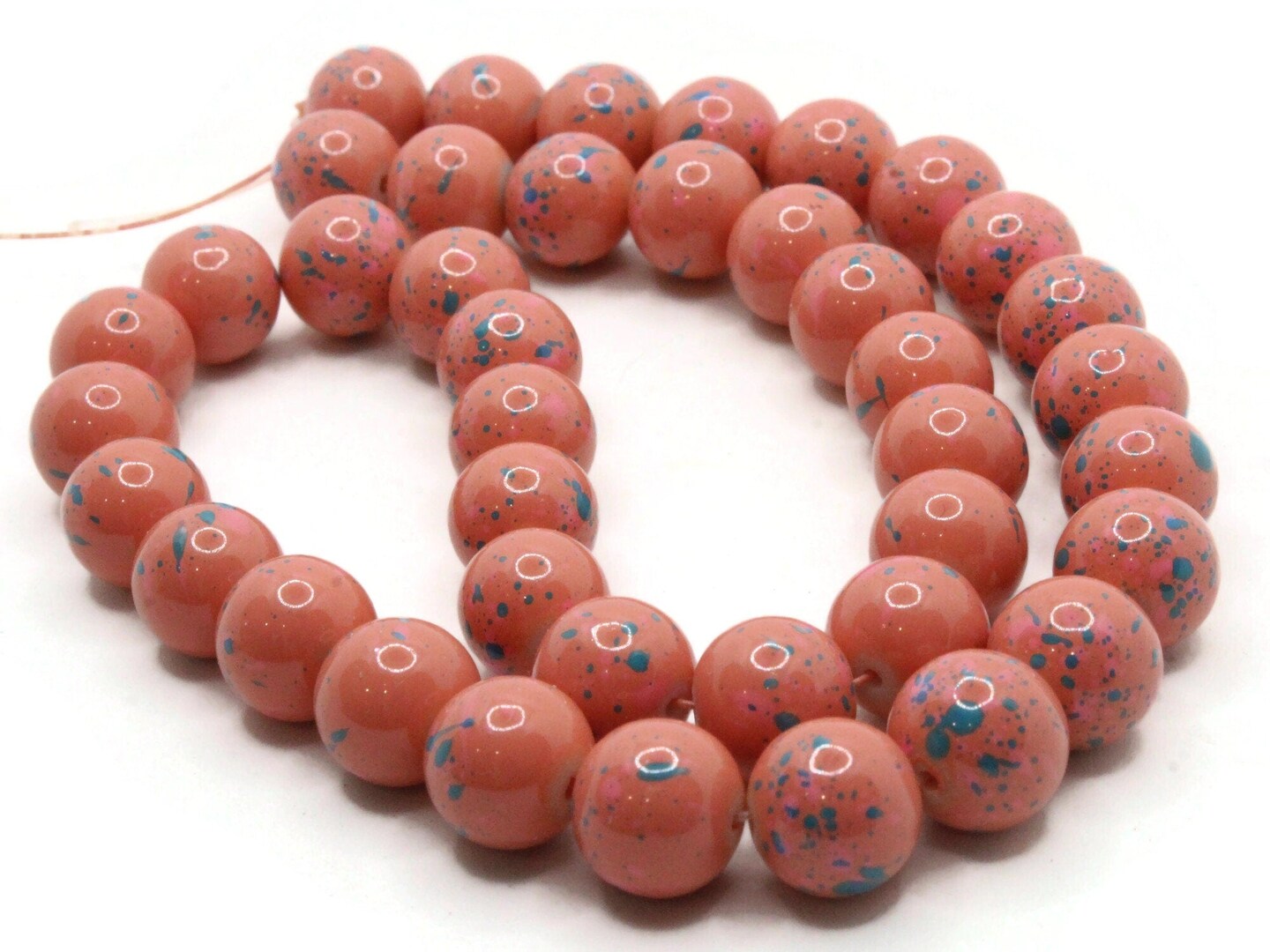 40 10mm Coral and Blue Splatter Paint Smooth Round Glass Beads