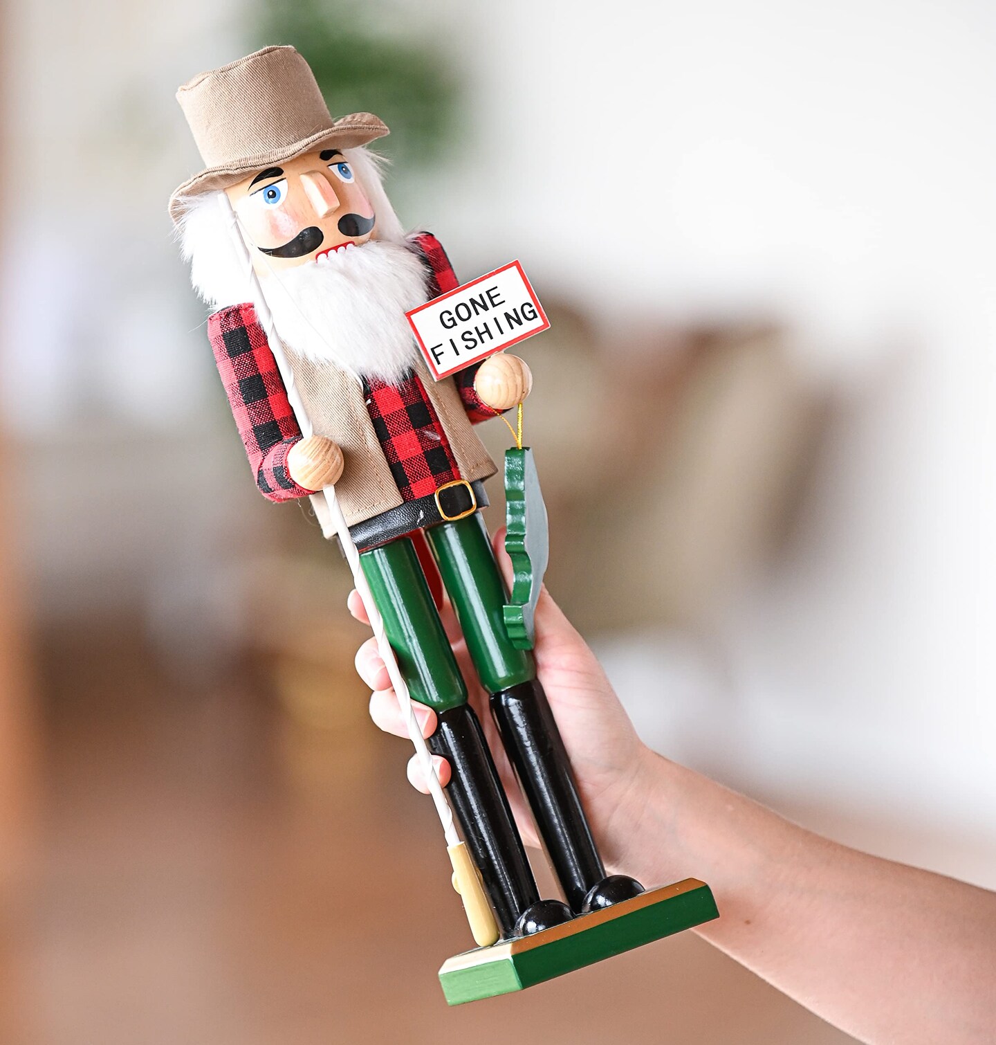 Ornativity Christmas Fisher Man Nutcracker – Red and Green Wooden Fisherman Nutcracker Man with Fishing Rod and Fish in Hand Xmas Themed Holiday Nut Cracker Doll Figure Decorations