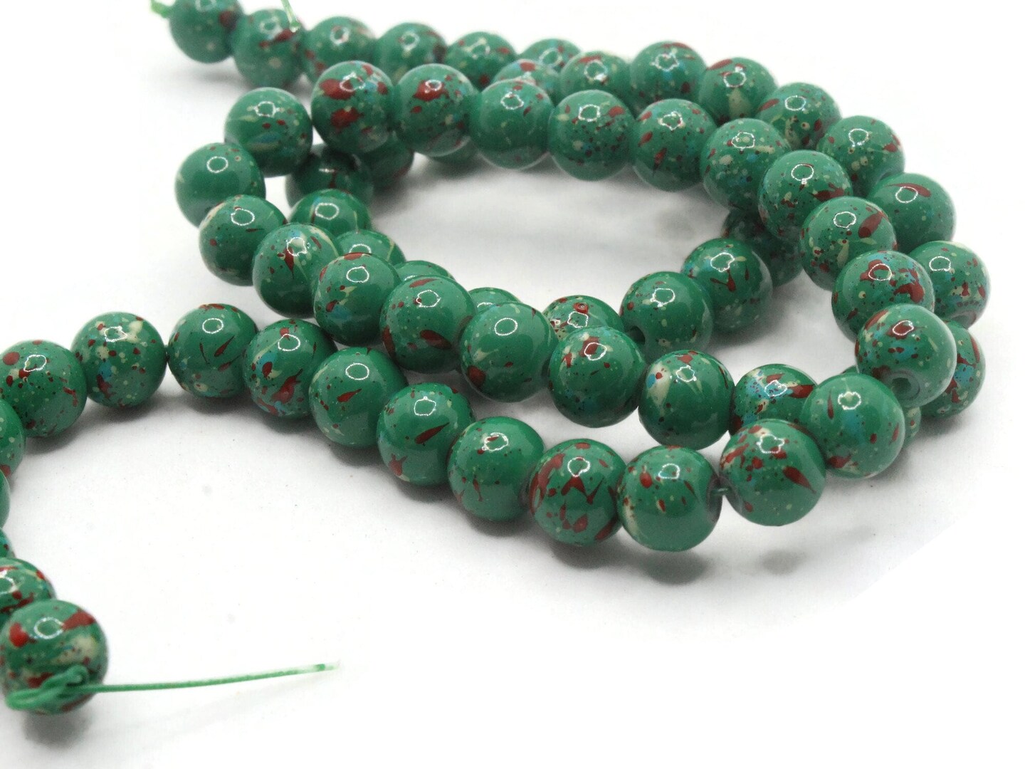68 6mm Green and Red Splatter Paint Round Glass Beads