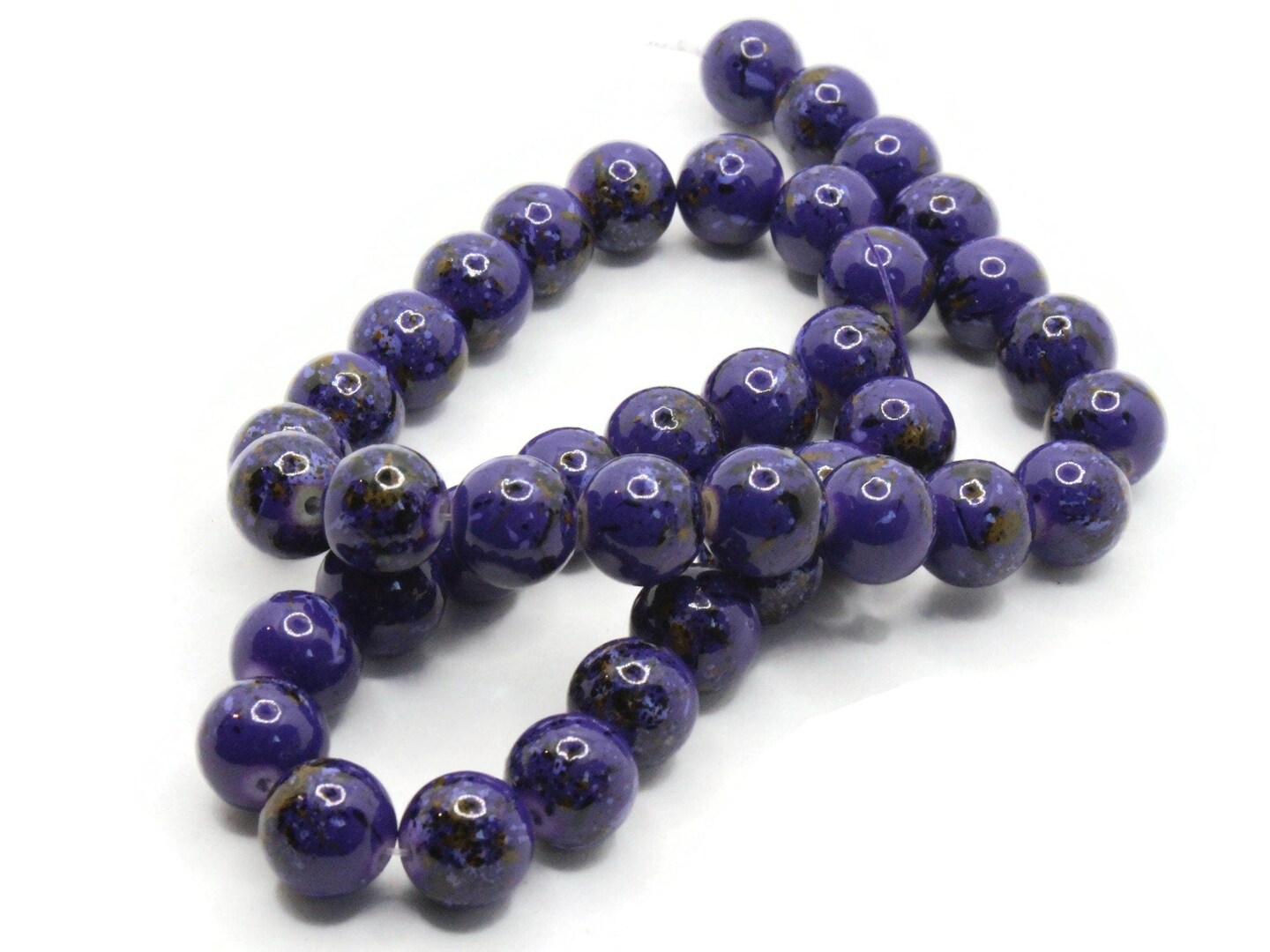40 10mm Blue with Black and Brown Splatter Paint Round Glass Beads
