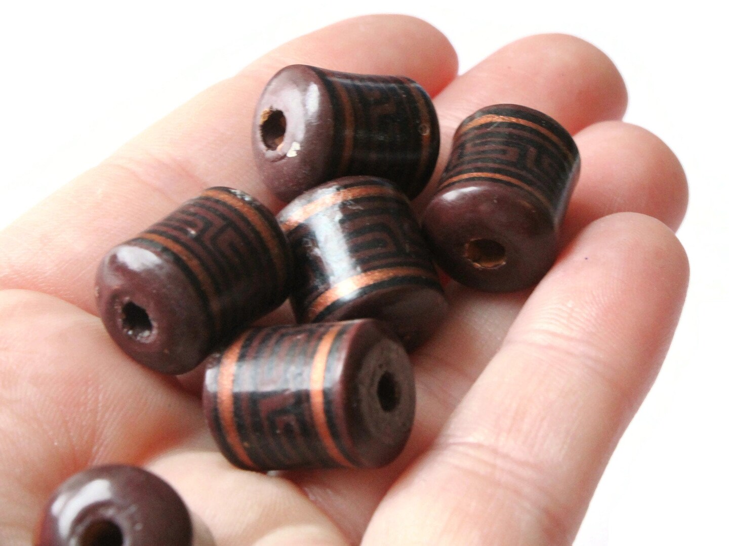 6 16mm Vintage Painted Peruvian Clay Beads - Brown, Copper, and Black Patterned Tube Beads