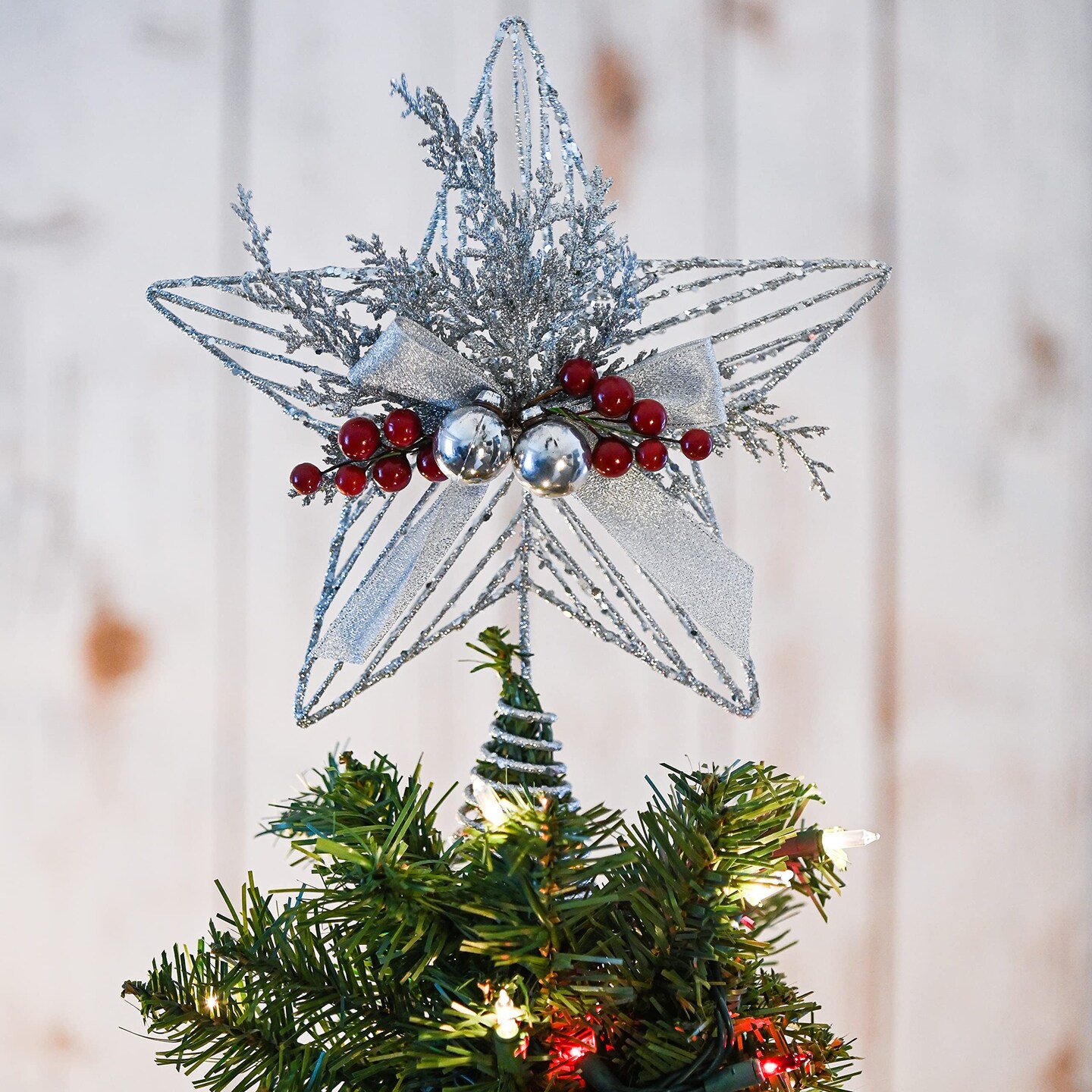 Ornativity Silver Star Tree Topper - Christmas Glitter Silver Star Holiday Tree Top Decoration with Silver Bells and Mistletoe and Red Berries