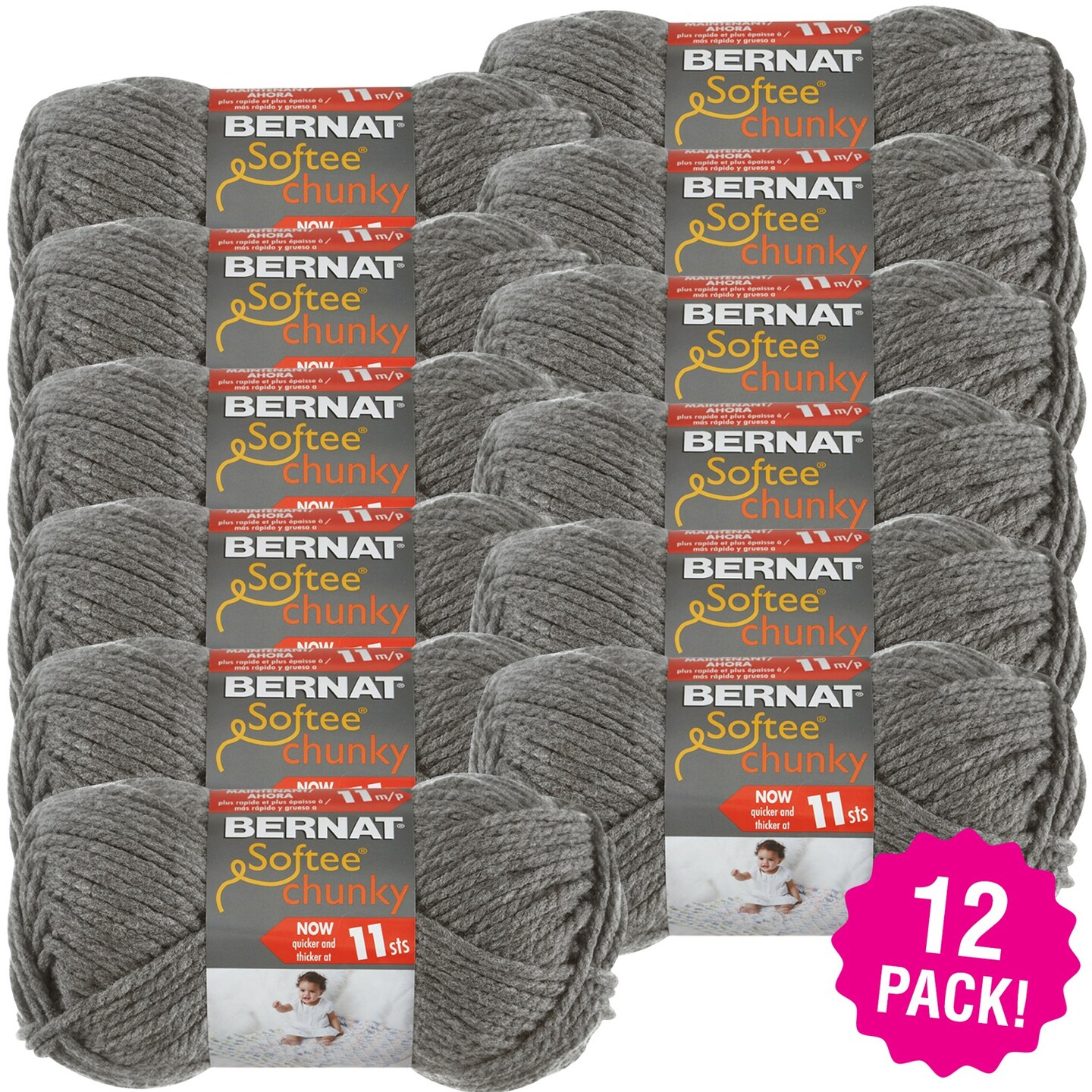 Multipack of 12 - Bernat Softee Chunky Yarn-True Grey
