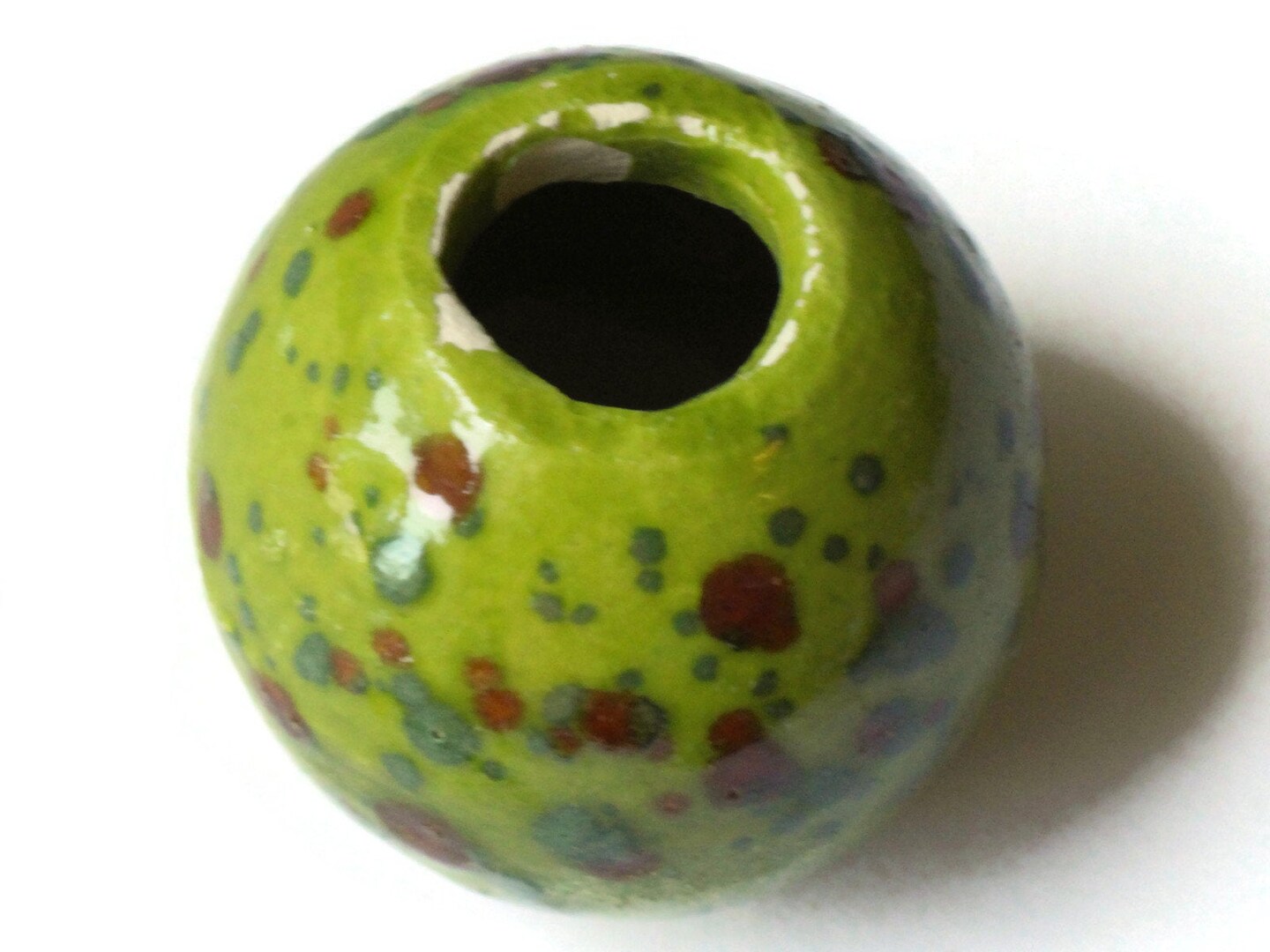 38mm Round Green with Brown Spots Bead Vintage Macrame Ceramic Porcelain Bead