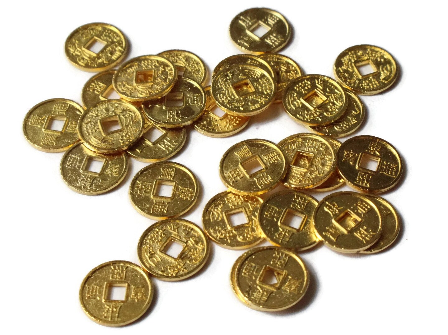 30 10mm Gold Chinese Coin Beads Miniature Replica Money with KangXi