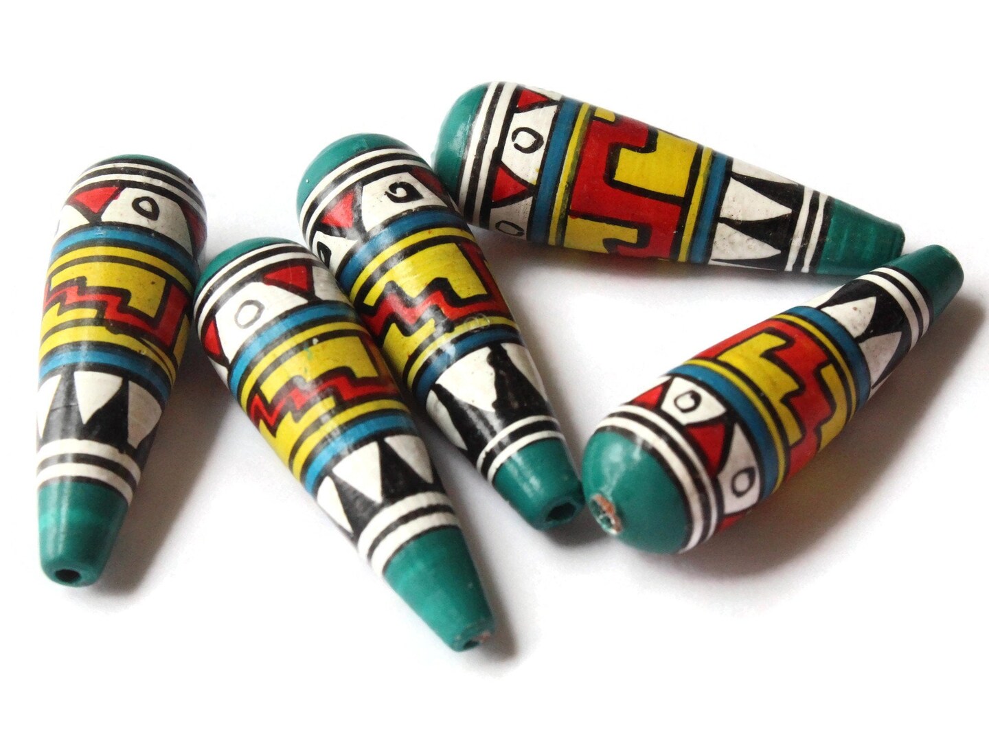 5 35mm Vintage Painted Peruvian Clay Beads - White Teal and Red Teardrop Beads