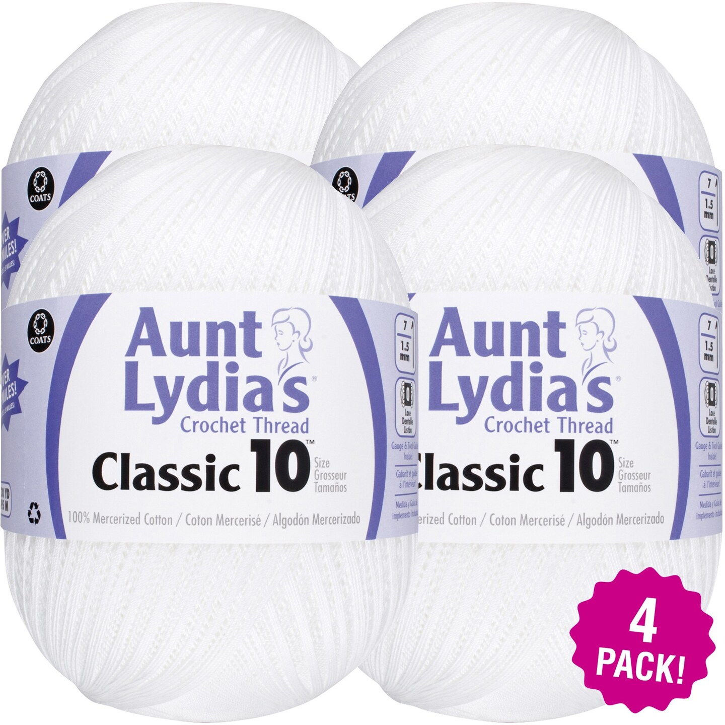 Multipack of 4 - Aunt Lydia&#x27;s Classic Crochet Thread Size 10 Jumbo-White