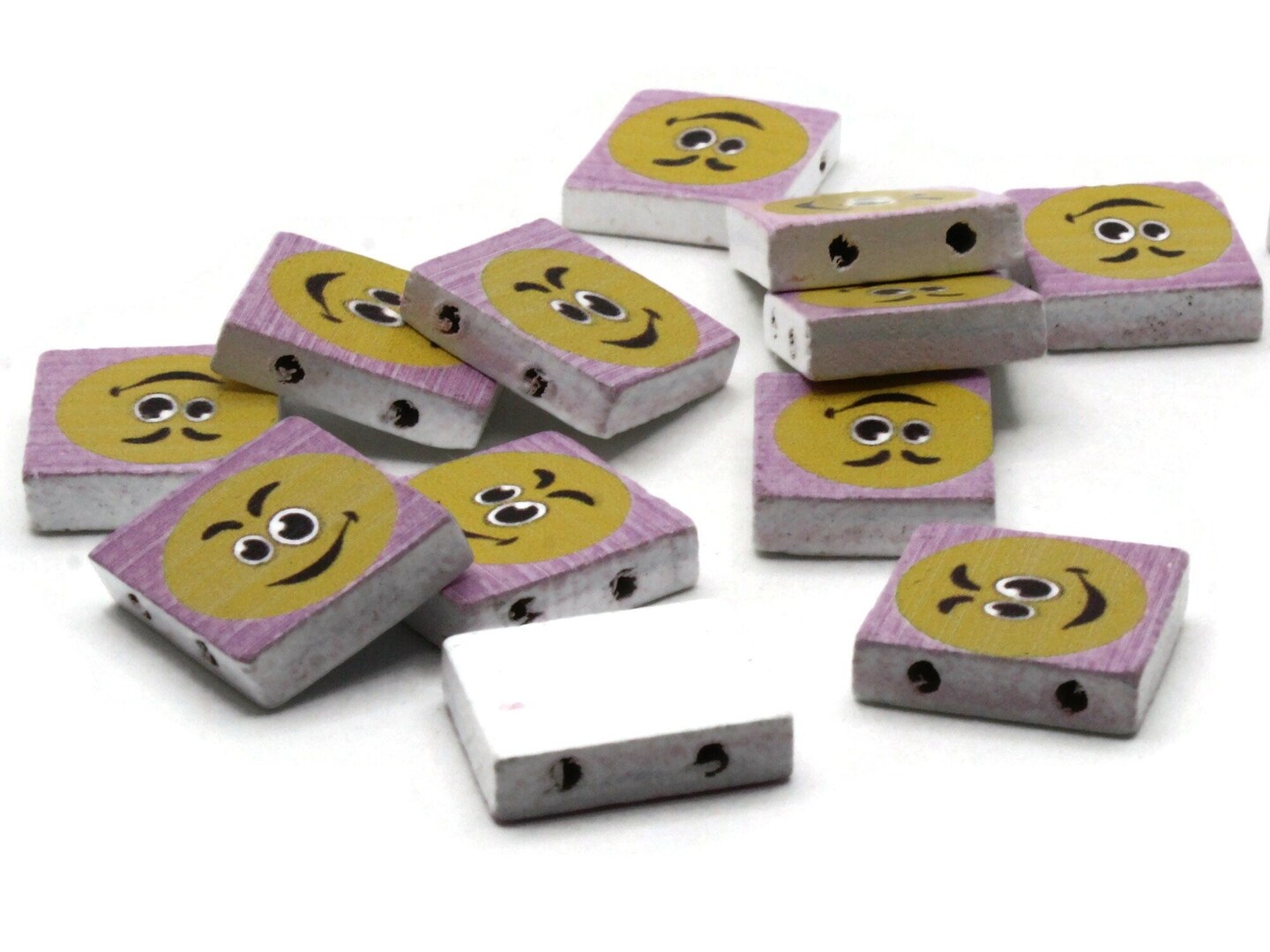 15 20mm Purple and Yellow Wooden Rectangle Happy Face Beads - Two Hole Emoji Beads