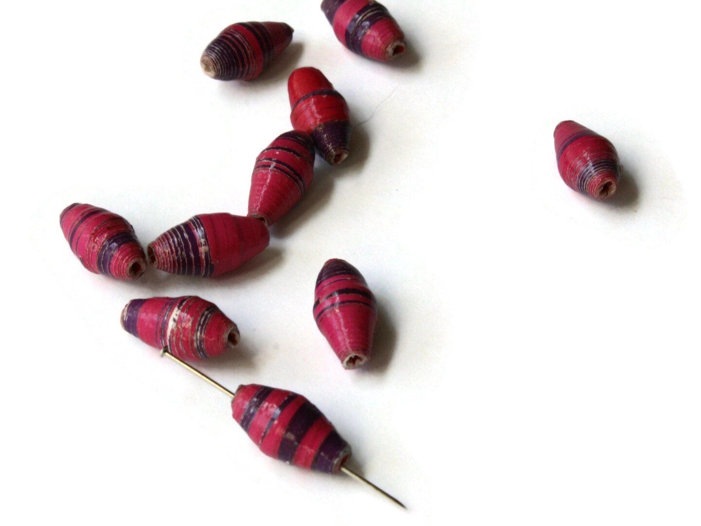 10 14mm Pink and Purple Striped Ugandan Paper Beads