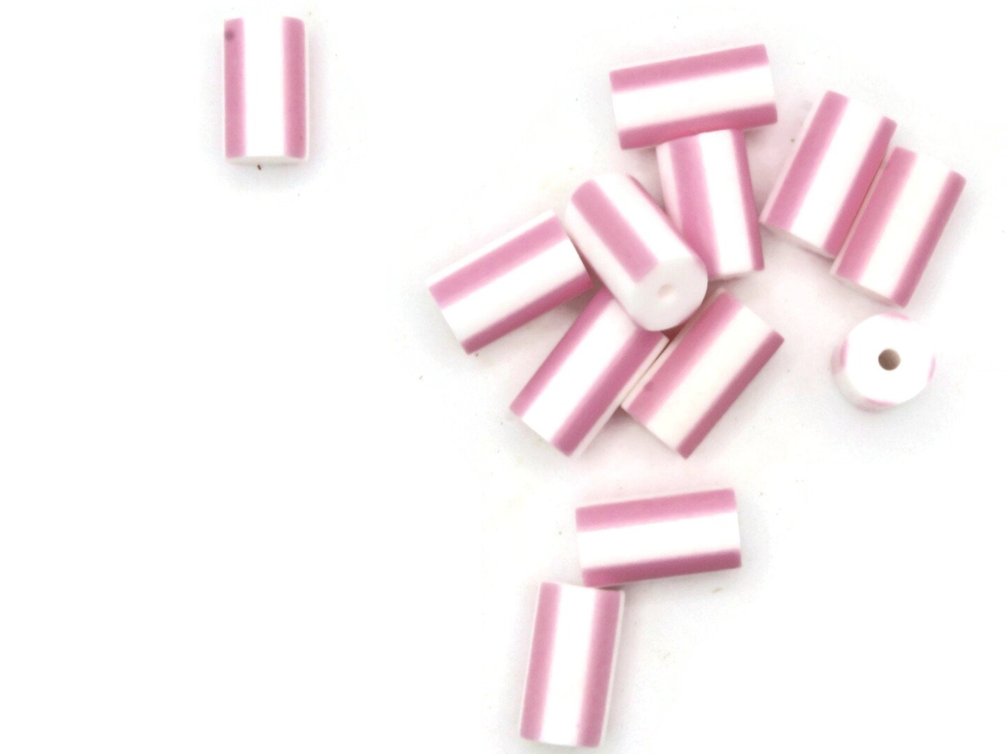 12 12mm to 14mm Pink and White Striped Vintage Plastic Tube Beads