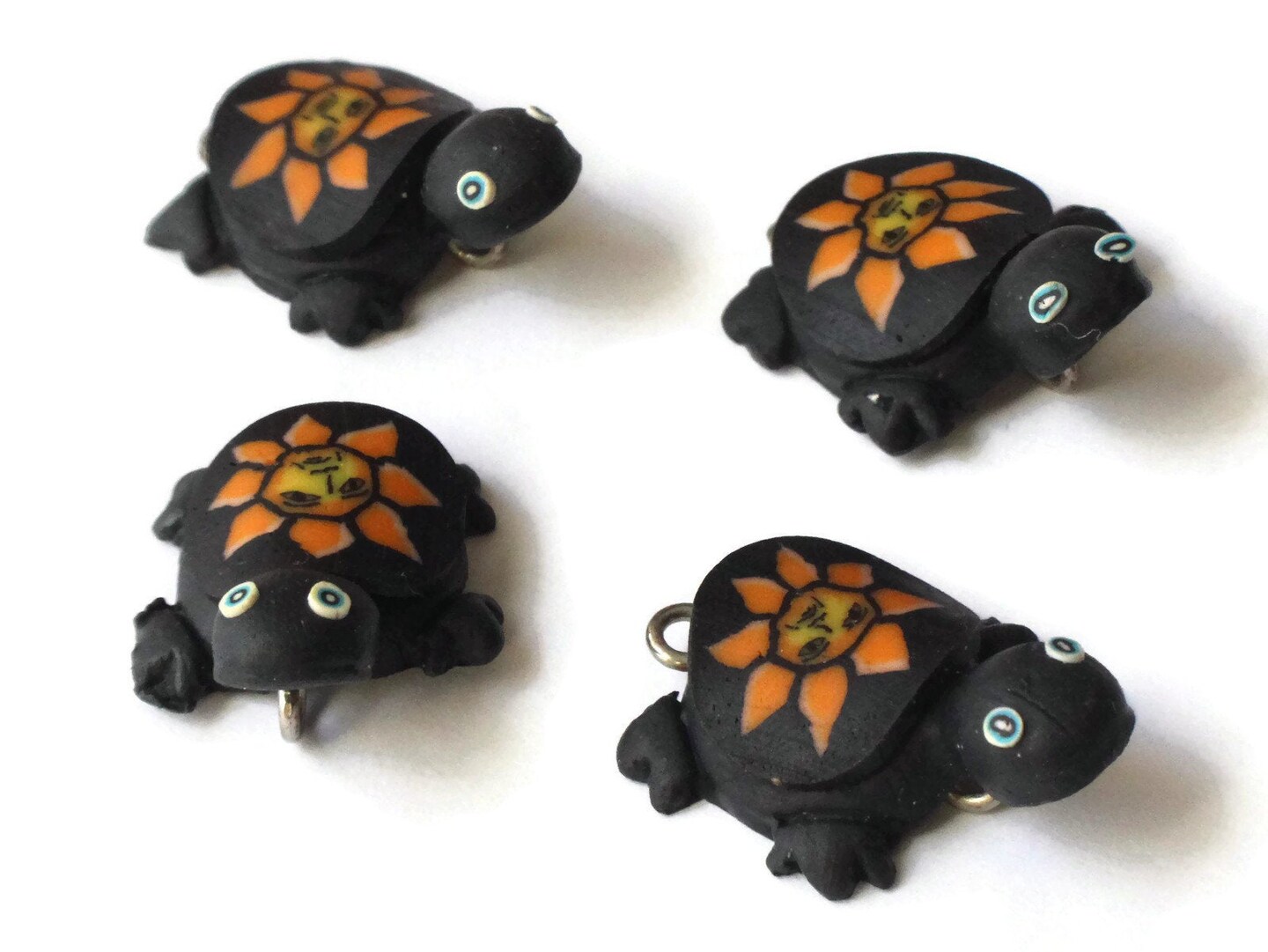4 Black Turtles with Sun on the Shell Charms Tortoise Links Polymer Clay Turtle Beads