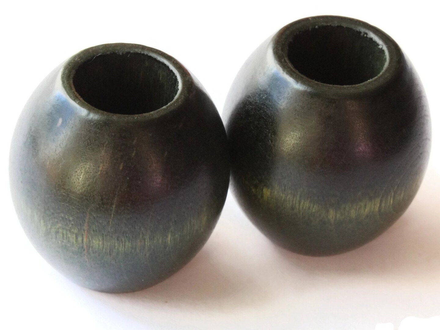 2 36mm Green Wood Oval Large Hole Beads Vintage Wooden Barrel Beads Chunky Macrame Beads