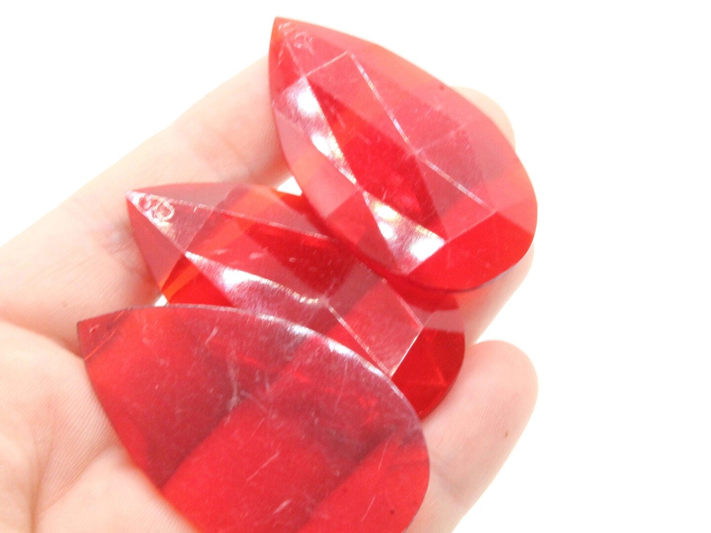 4 50mm Faceted Teardrop Red Vintage West German Plastic Cabochons