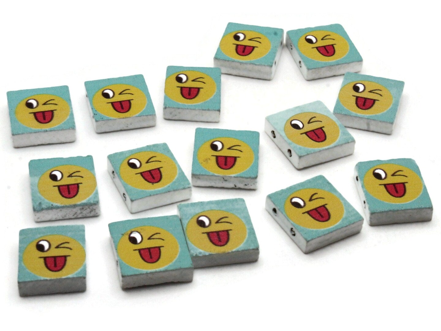15 20mm Blue and Yellow Winking Wooden Happy Face Rectangle Beads - Two Hole Emoji Beads