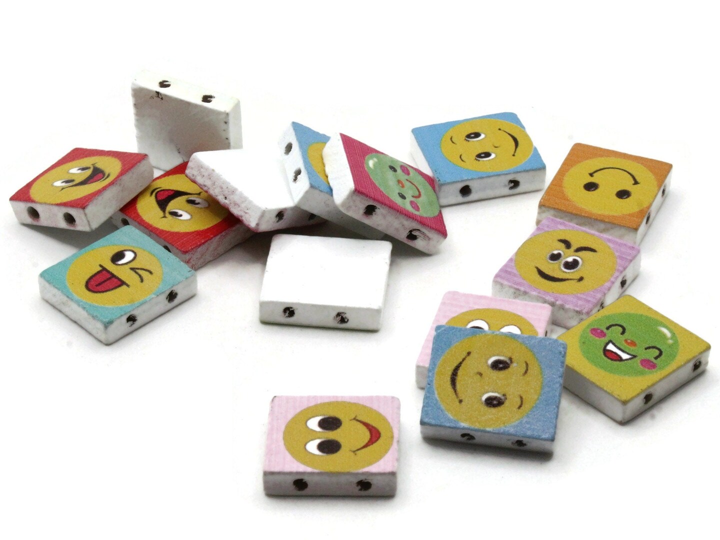 15 20mm Mixed Color Wooden Happy Face Rectangle Beads - Two Hole Emoji Beads