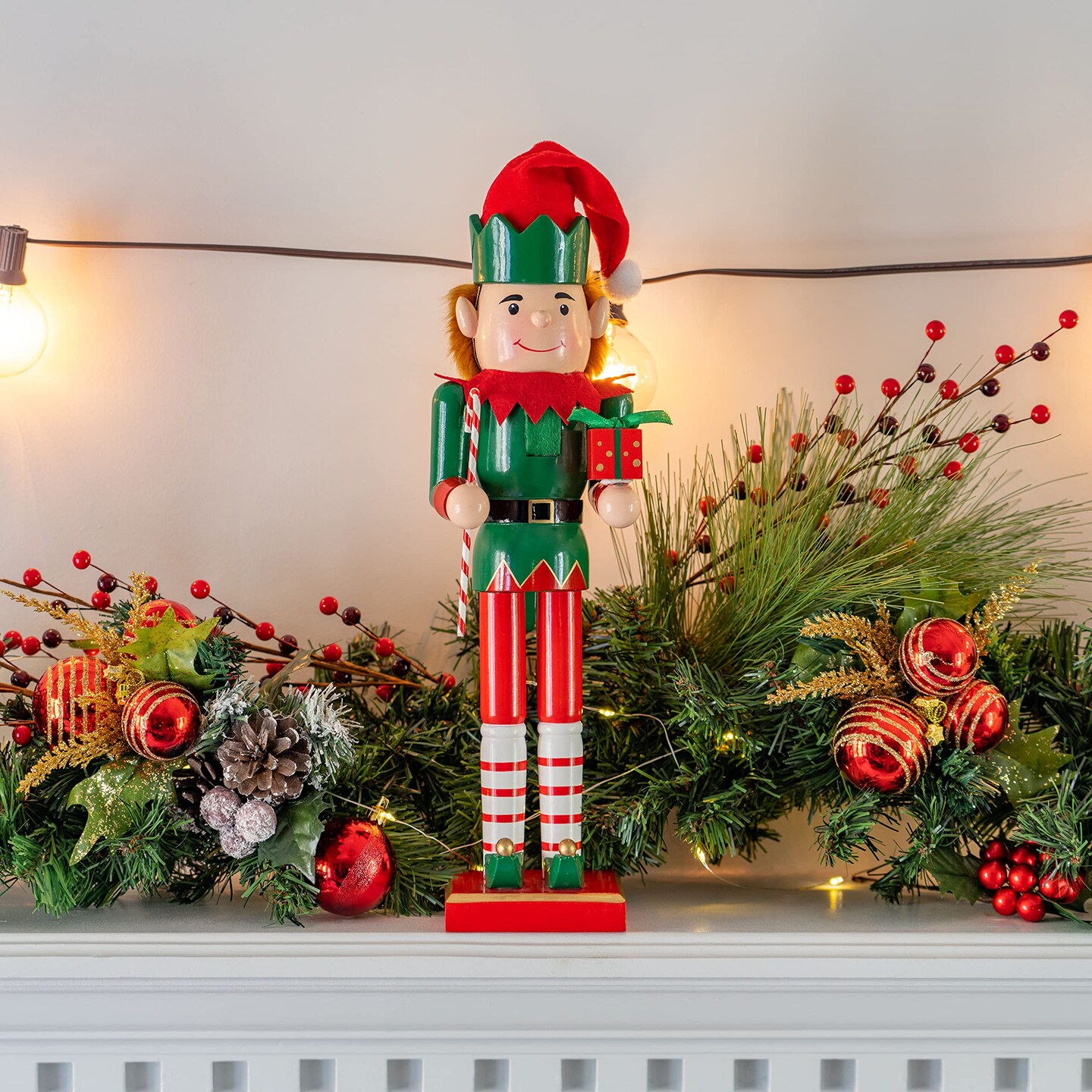 Ornativity Christmas Elf Holiday Nutcracker &#x2013; Red and Green Wooden Elf with Candy Cane and Gift Box Xmas Themed Holiday Nut Cracker Doll Figure Toy Decorations