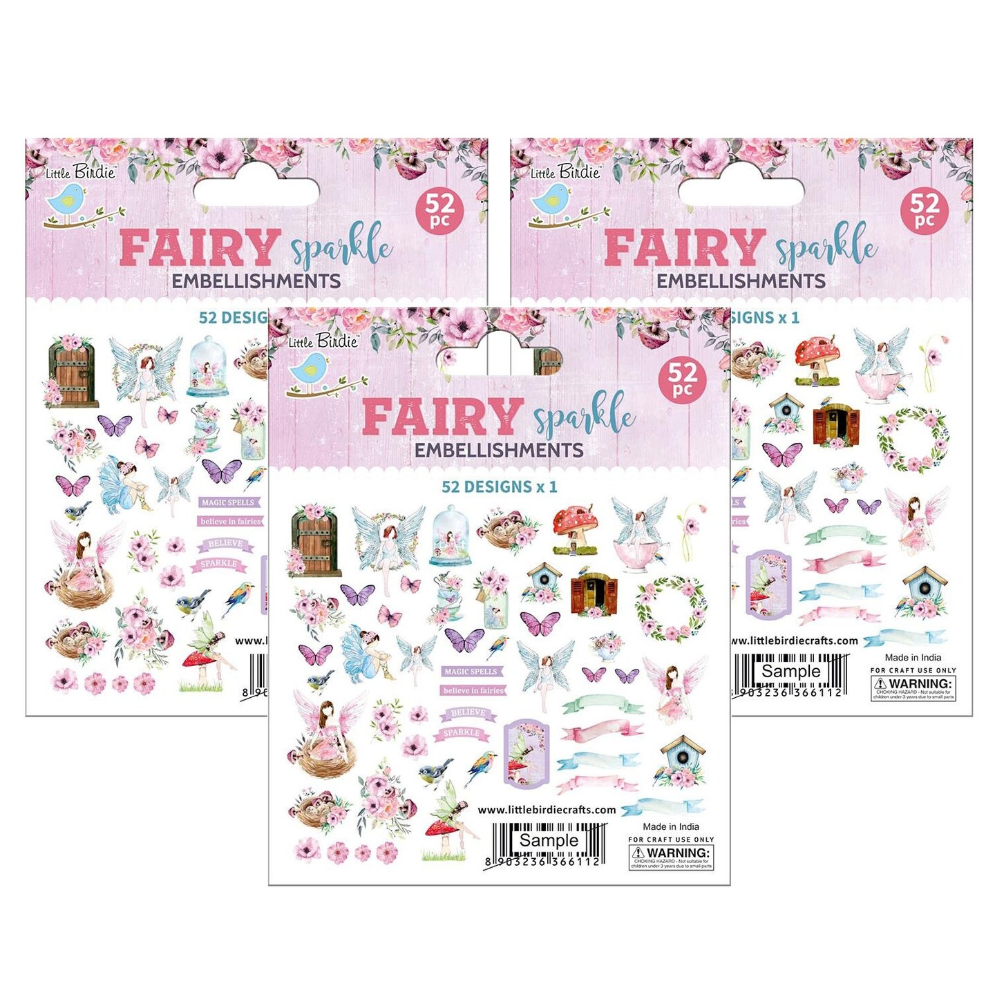 Pack of 3 - Little Birdie Ephemera Embellishment 52/Pkg-Fairy Sparkle