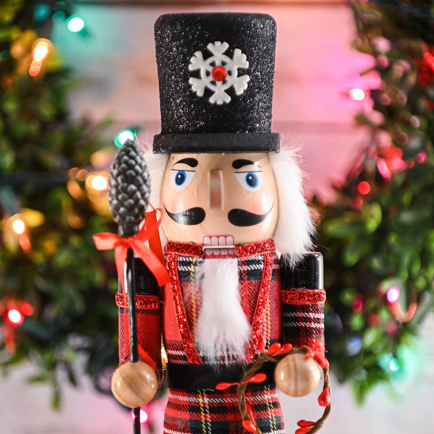 Ornativity Christmas Buffalo Plaid Nutcracker &#x2013; Red and Black Wooden Nutcracker Soldier with an Acorn Staff and Holly Berries Wreath Xmas Themed Holiday Nut Cracker Doll Figure Decorations