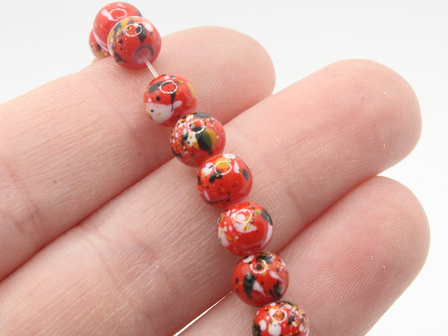 68 6mm Red Black and White Splatter Paint Round  Glass Beads