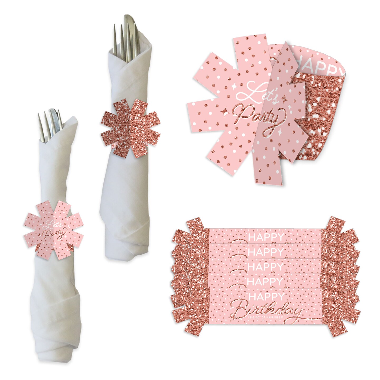 Big Dot of Happiness Pink Rose Gold Birthday - Happy Birthday Party Paper Napkin Holder - Napkin Rings - Set of 24