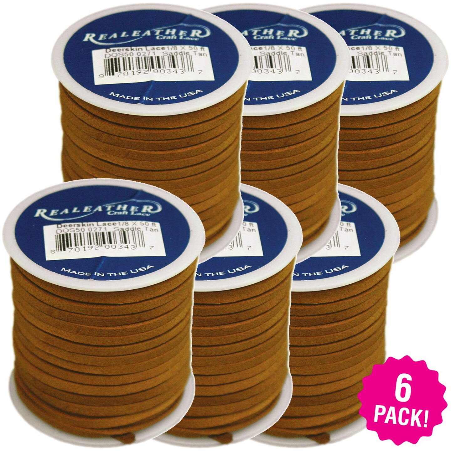 Multipack of 6 - Realeather Crafts Deerskin Lace .125&#x22;X50&#x27; Spool-Saddle Tan