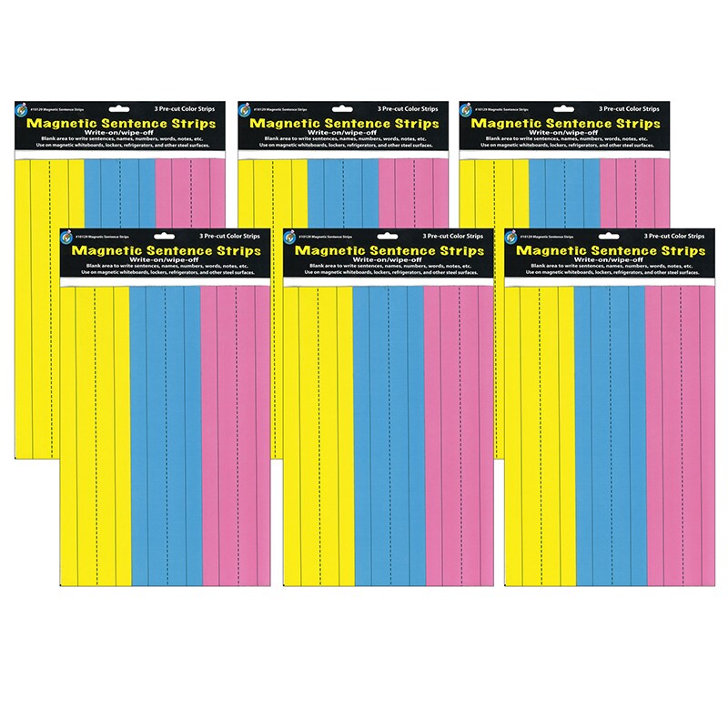 Die-Cut Magnetic Pink/Blue/Yellow Sentence Strips, 2.75&#x22; x 11&#x22;, 3 Per Pack, 6 Packs