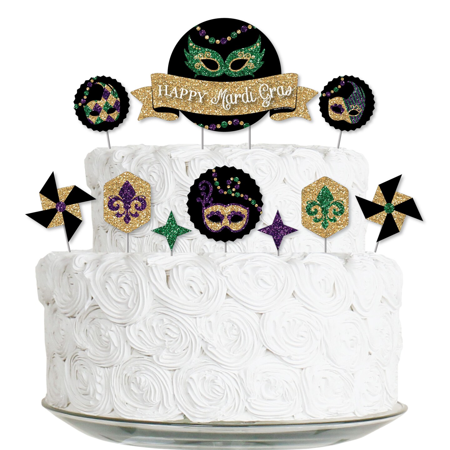 Big Dot of Happiness Mardi Gras - Masquerade Party Cake Decorating Kit - Happy Mardi Gras Cake Topper Set - 11 Pieces