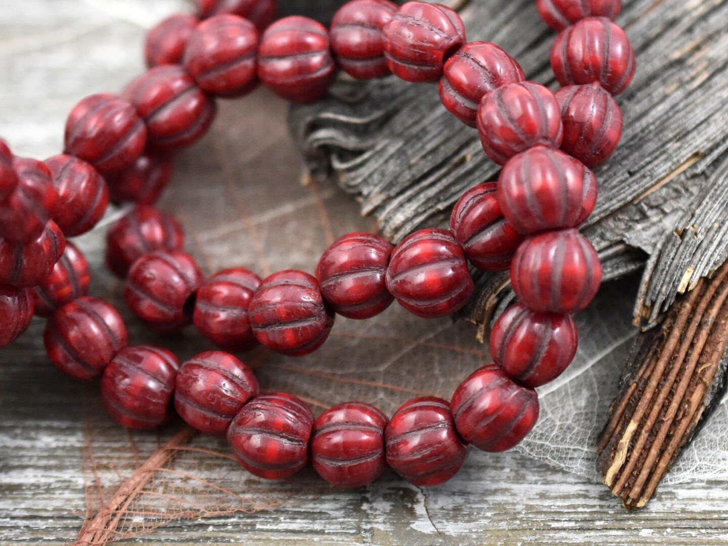 *20* 8mm Bronze Washed Ruby Red Large Hole Melon Beads