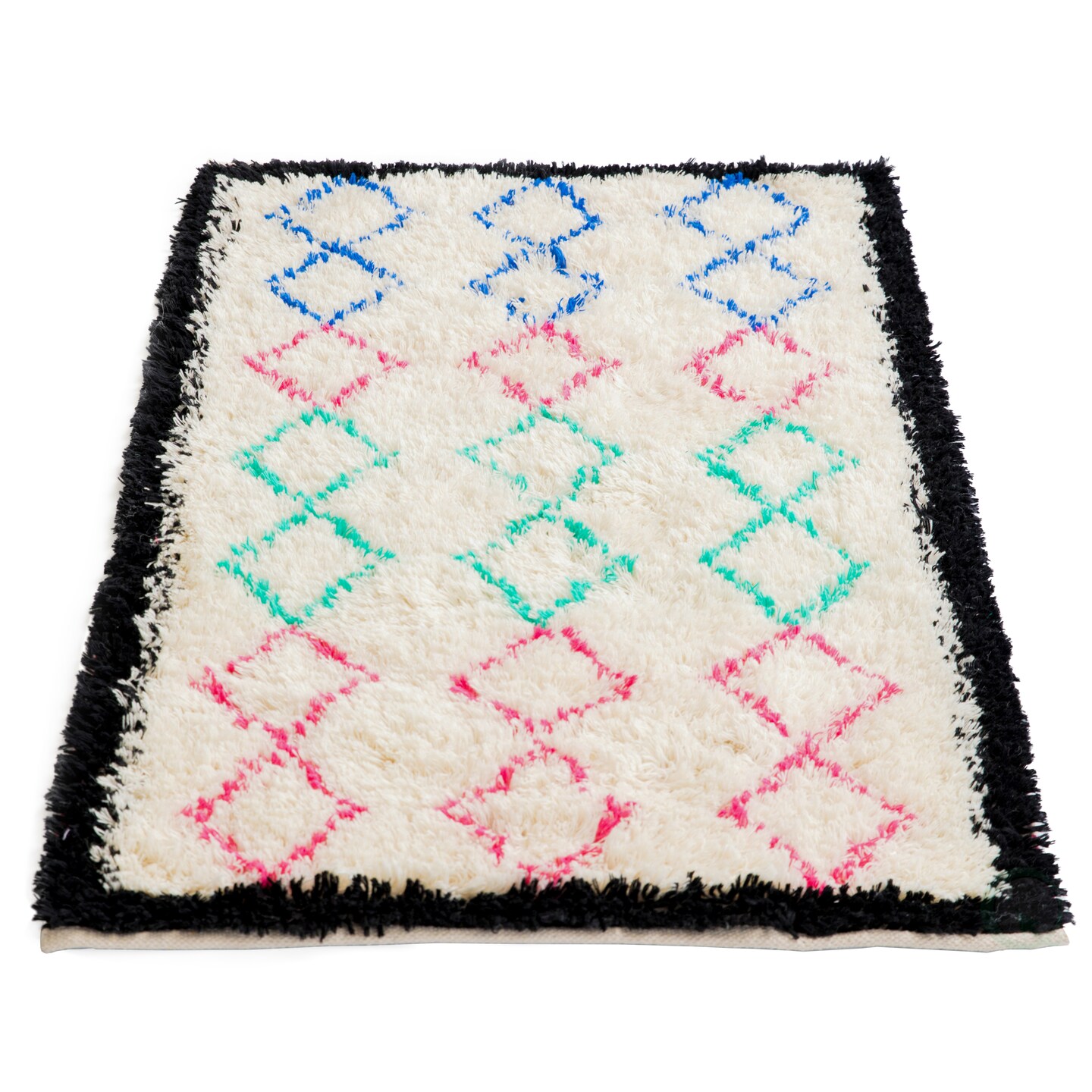 Handwoven Multicolored Geometric Trellis Plush Wool Shag Area Rug, 3' x 5'
