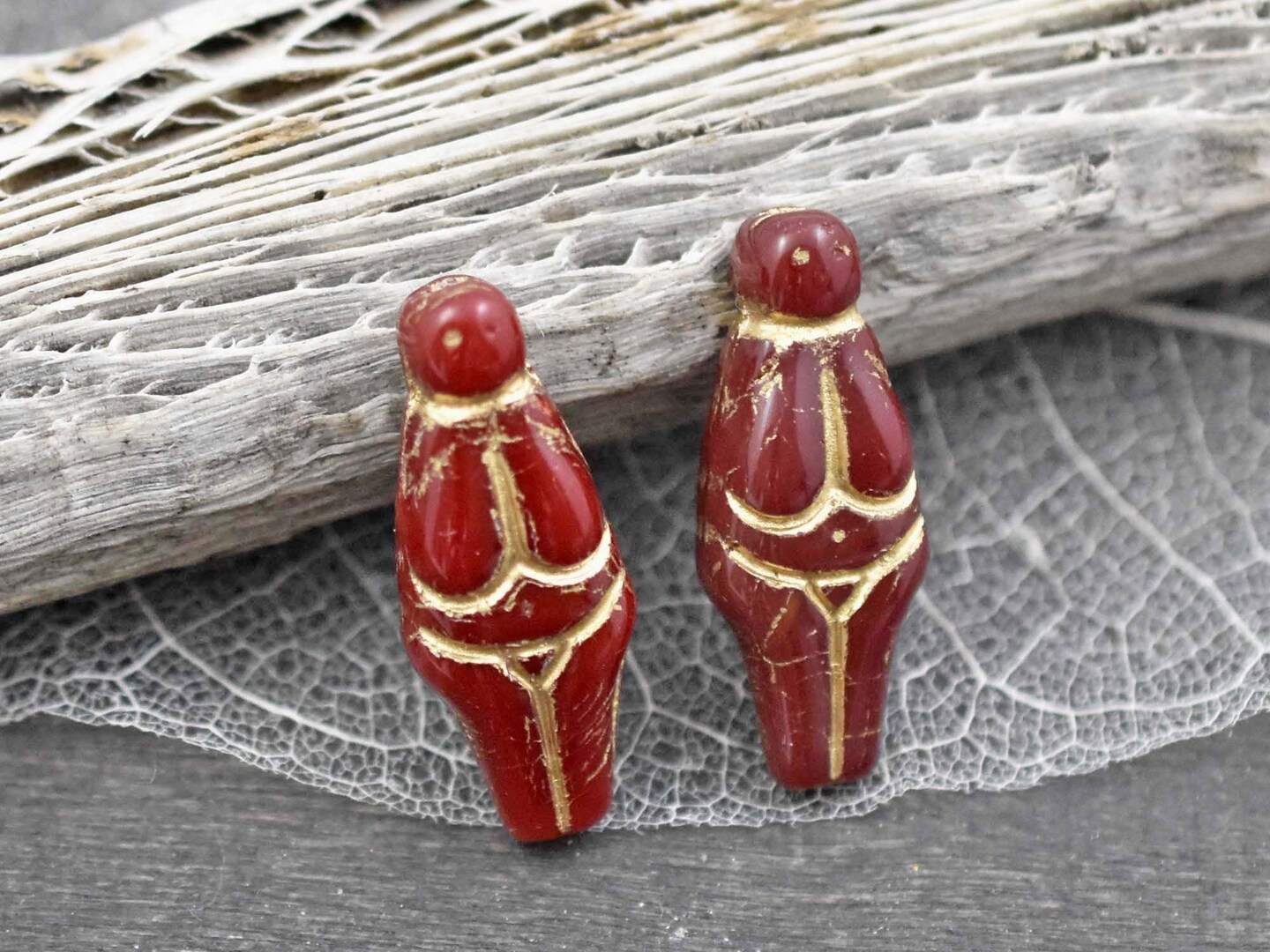 *4* 21x10mm Gold Washed Red Opaline Goddess Beads