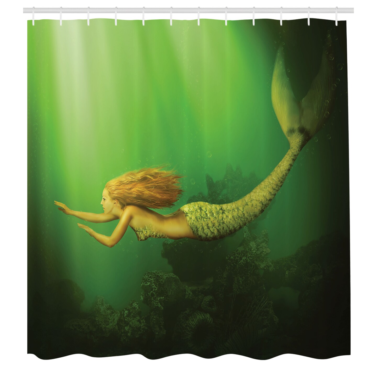 Ambesonne Mermaid Shower Curtain, Girl Fish Tail Swimming in The Deep Sea Fantasy World Art Print, Cloth Fabric Bathroom Decor Set with Hooks, 69&#x22; W x 84&#x22; L, Dark Green Ginger Green