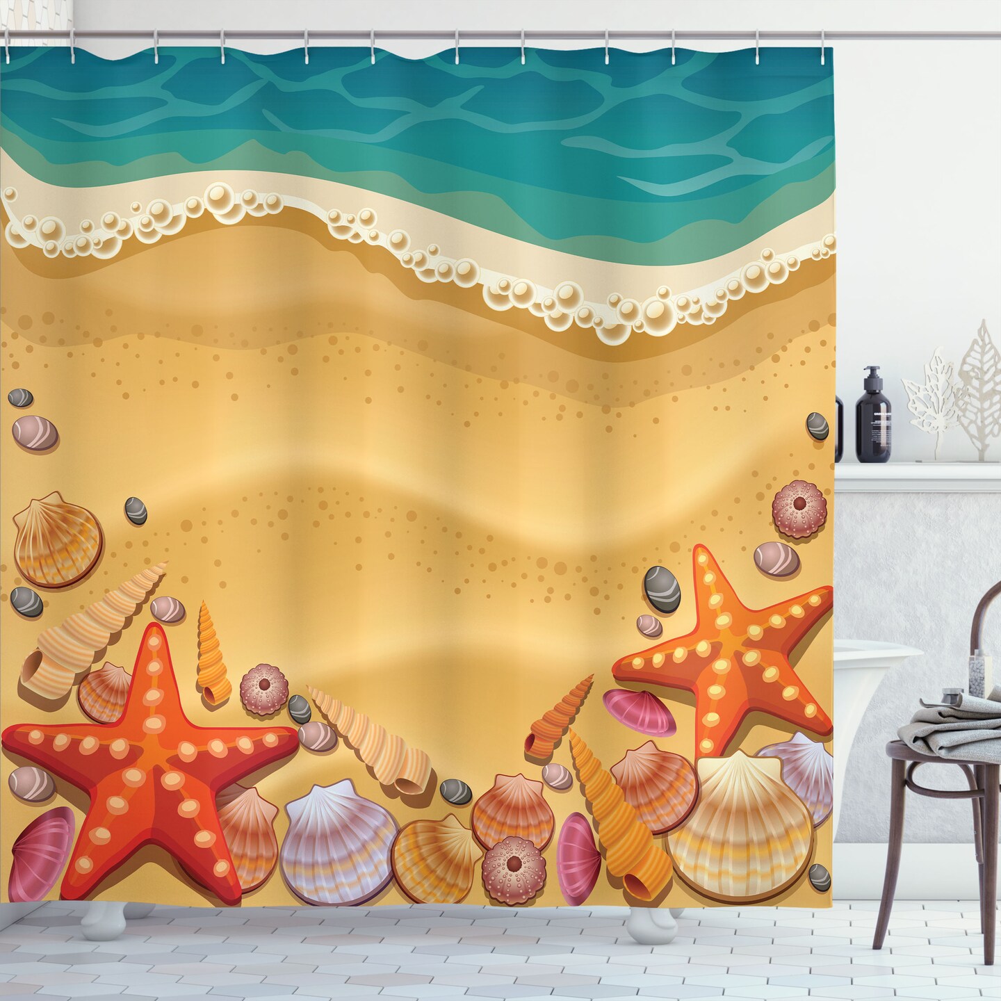 Ambesonne Seashells Shower Curtain, Seashells on The Beach Style Coastal  Fun Relaxation Waves Shoreline, Cloth Fabric Bathroom Decor Set with Hooks