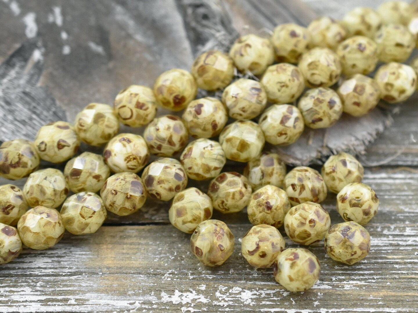*16* 8mm Beige Opaline Picasso Fire Polished Round Beads