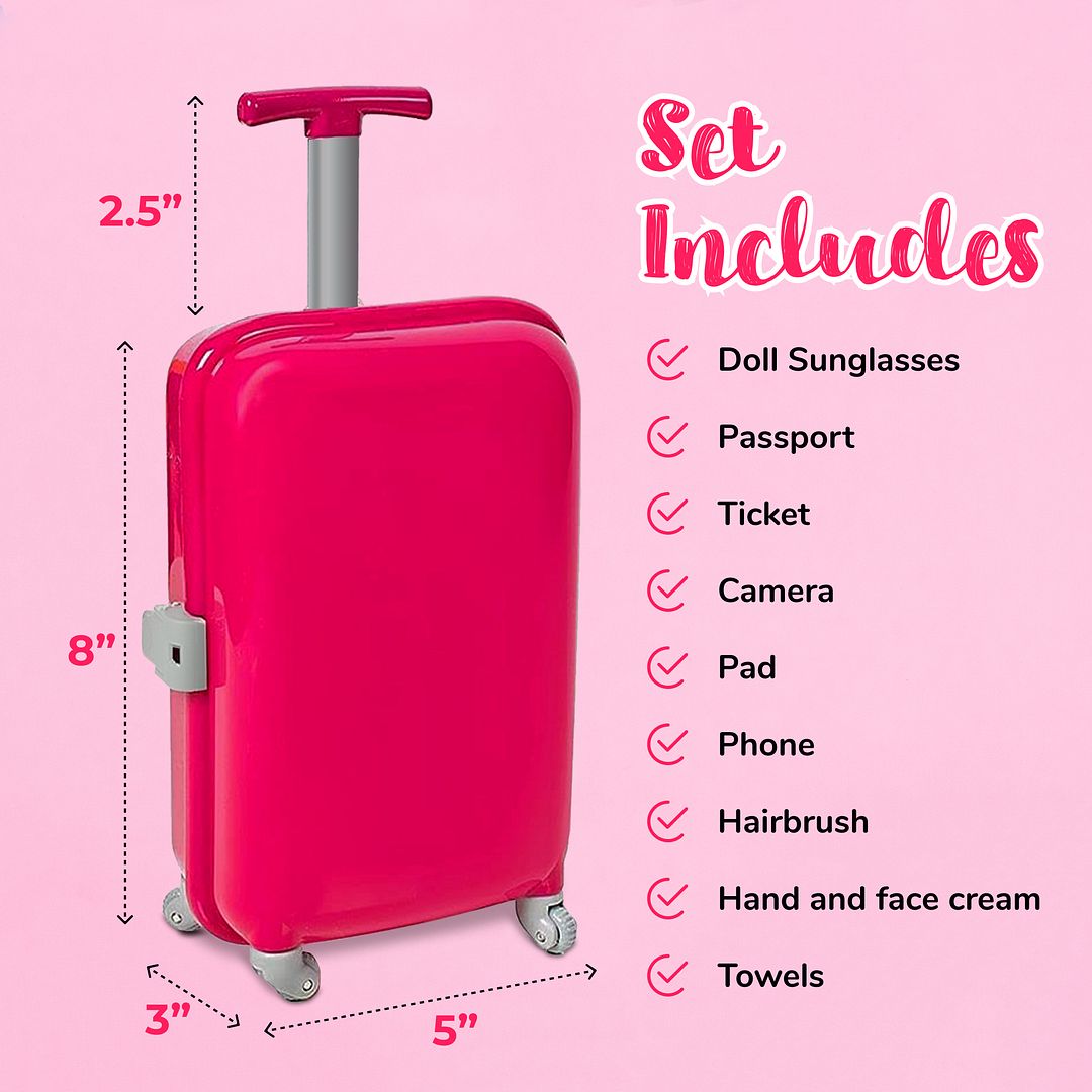 Beverly Hills Doll Collection 18 Inch Doll Accessories Play Travel Set - 16 Pcs Suitcase Luggage Carrier with Sunglasses, Passport, Tickets, Camera, and More