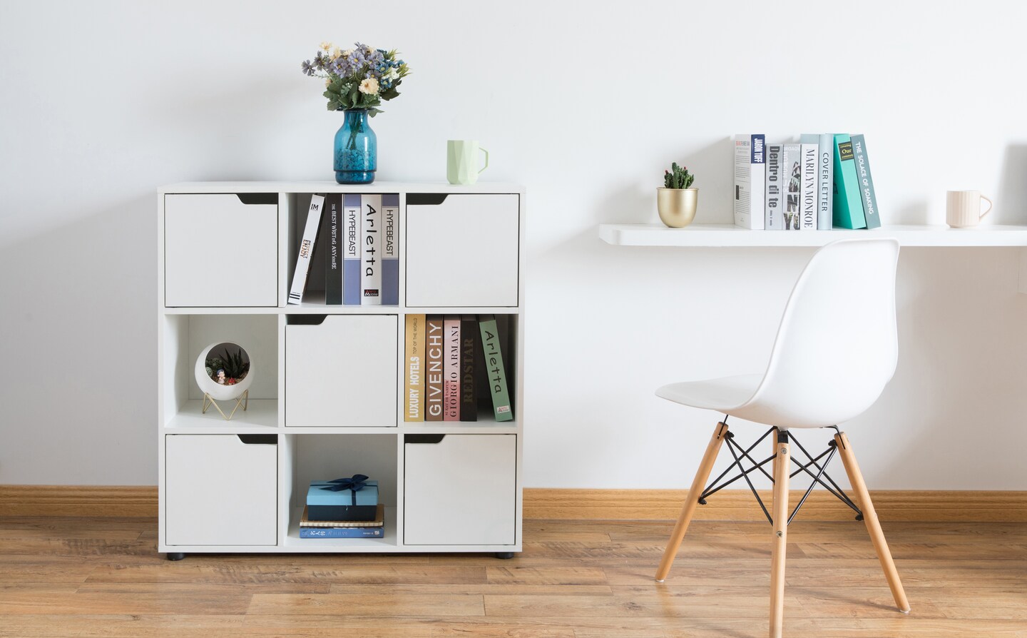 9 Cube Wooden Organizer With 5 Enclosed Doors and 4 Shelves