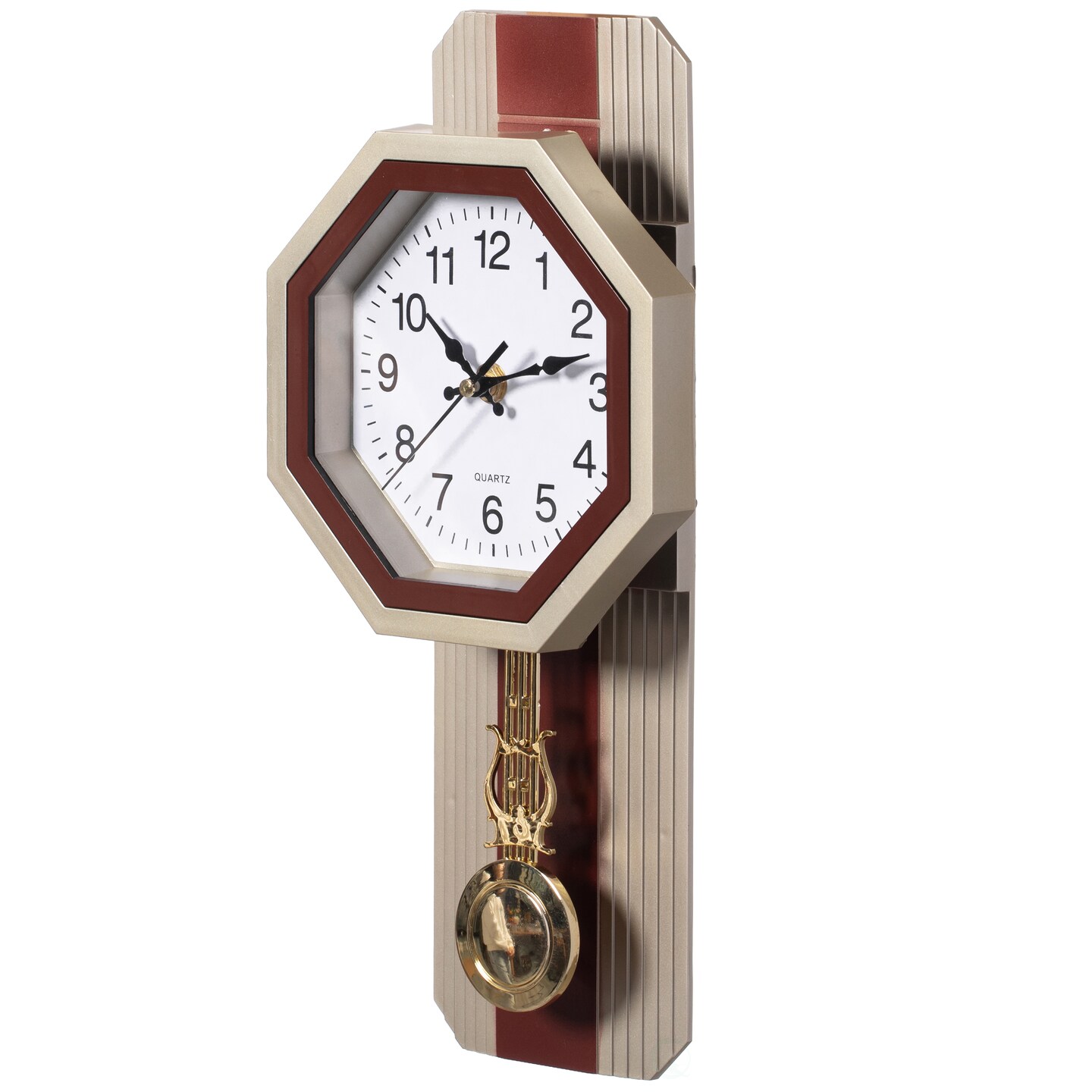 Wood-Look Pendulum Plastic Wall Clock, Vintage Farmhouse Decor for Living Room, Kitchen, or Dining Room, Silent Clock with Roman Numerals, Battery Powered, Large Decorative Wall Clock, Easy-to-Read